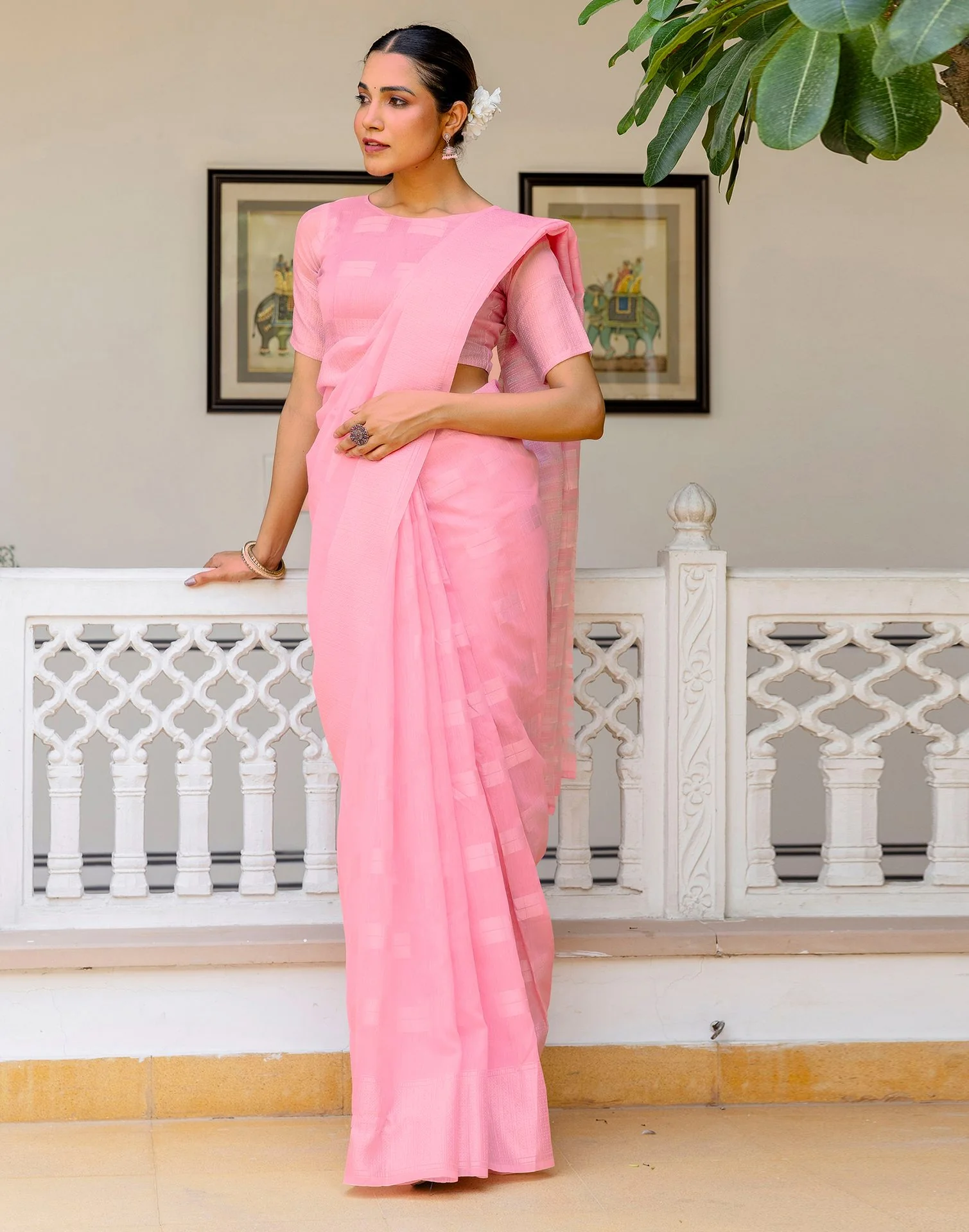 Pink Linen Woven Saree - Image 9