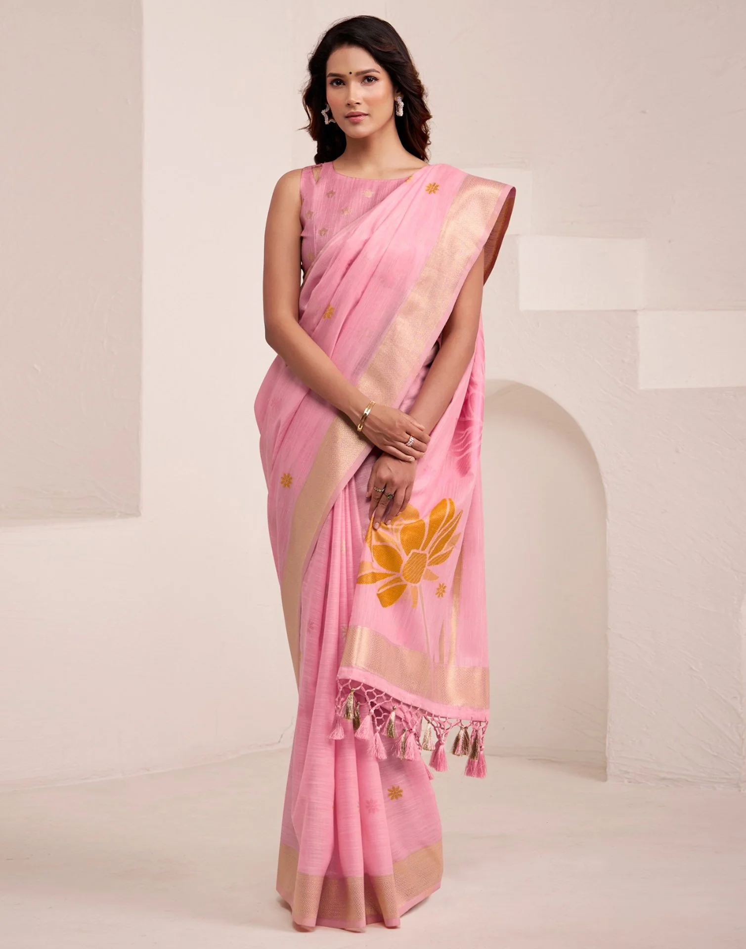 Pink Linen Woven Saree - Image 5