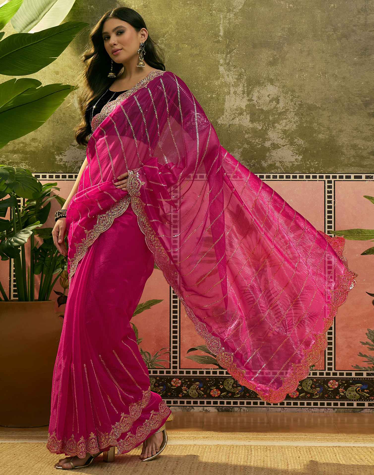 Pink Net Sequence Embroidery Saree - Image 4
