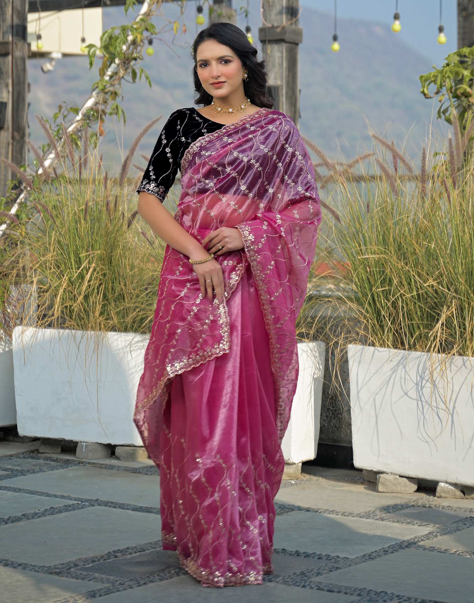 Pink Net Sequence Embroidery Saree - Image 5
