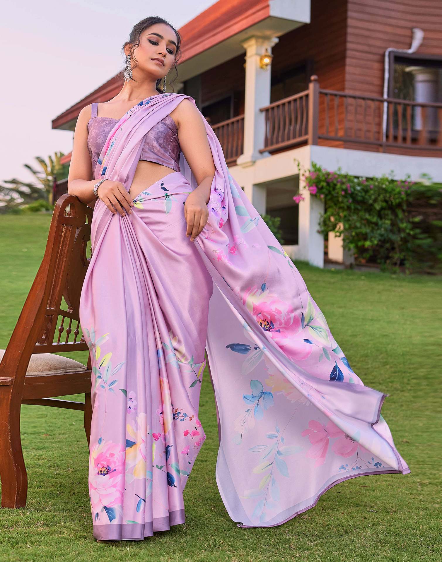 Pink Satin Floral Printed Saree - Image 5