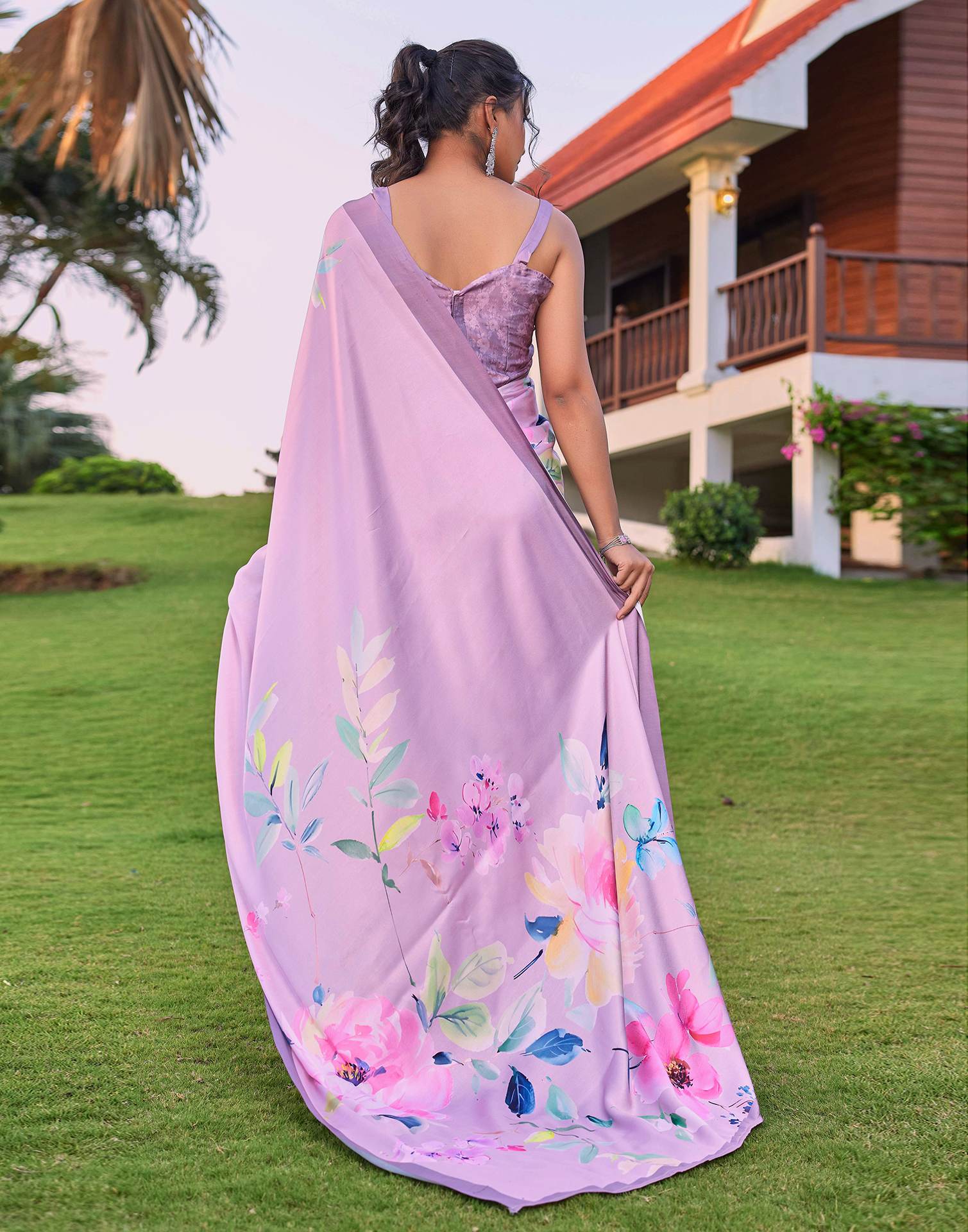 Pink Satin Floral Printed Saree - Image 6