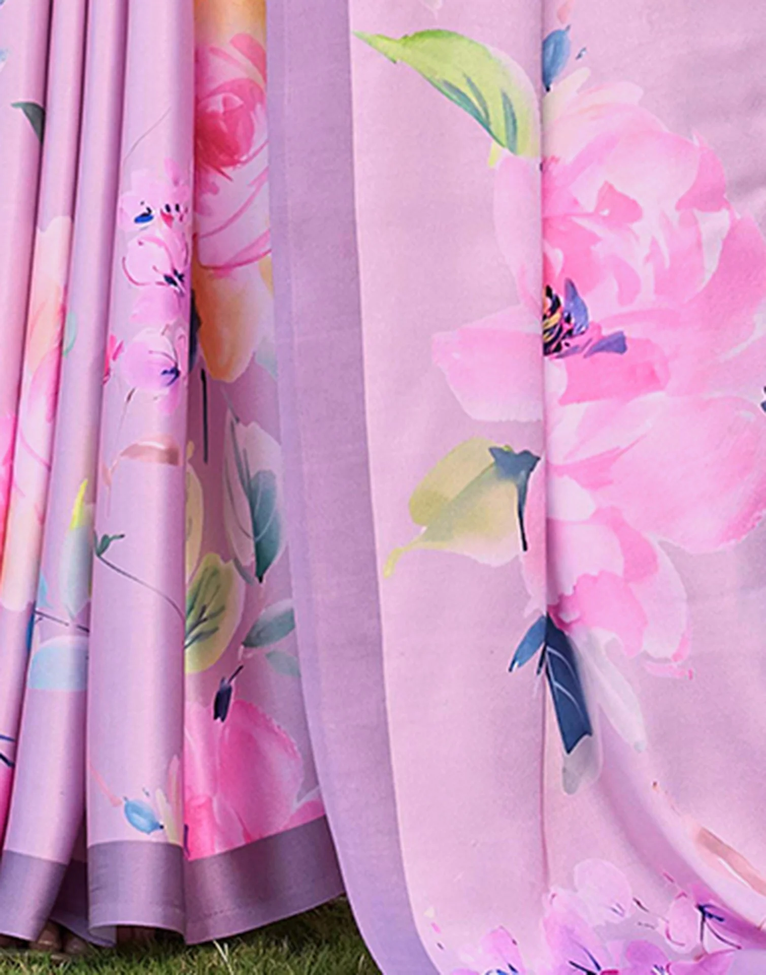 Pink Satin Floral Printed Saree - Image 8