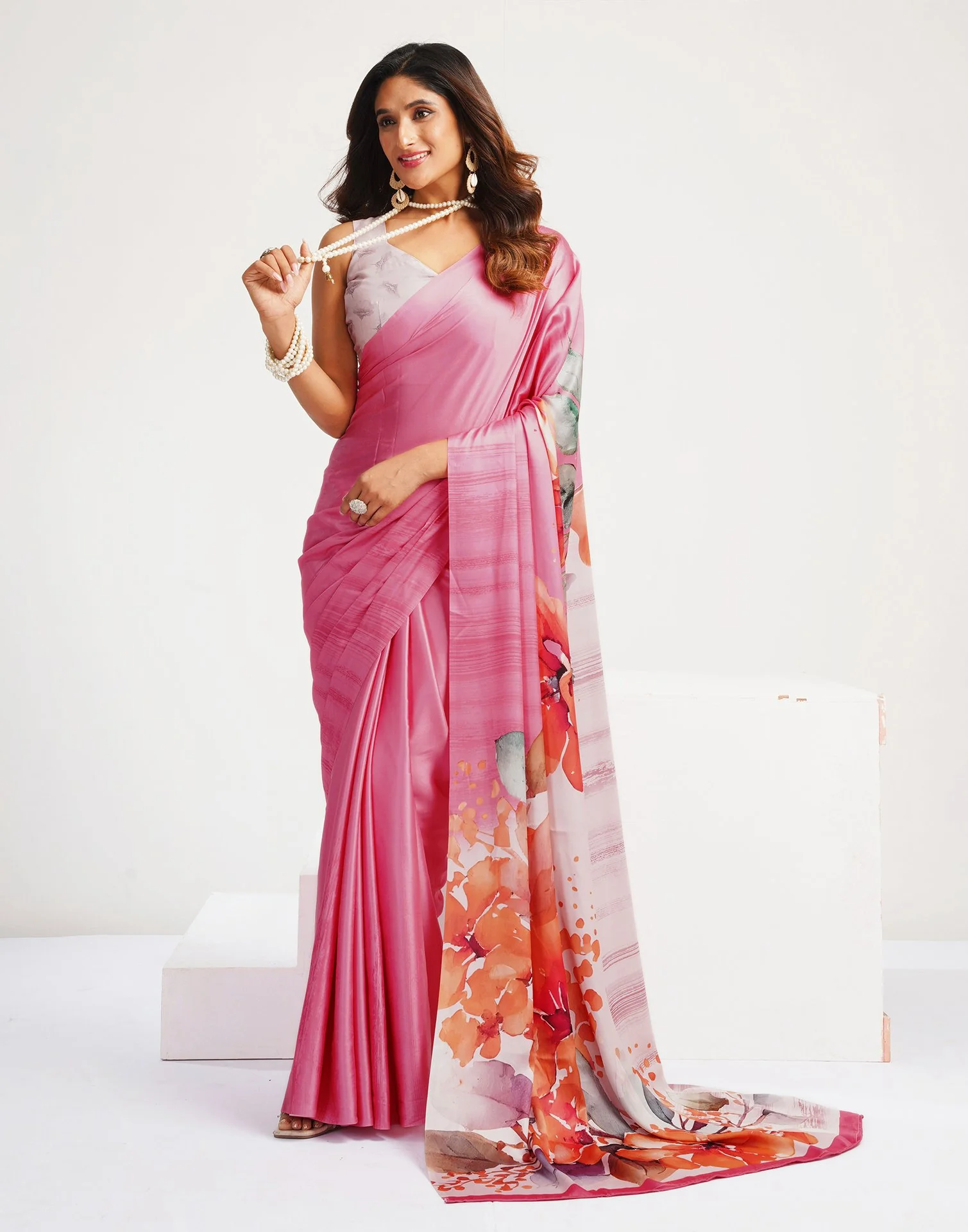 Pink Satin Floral Printed Saree - Image 5