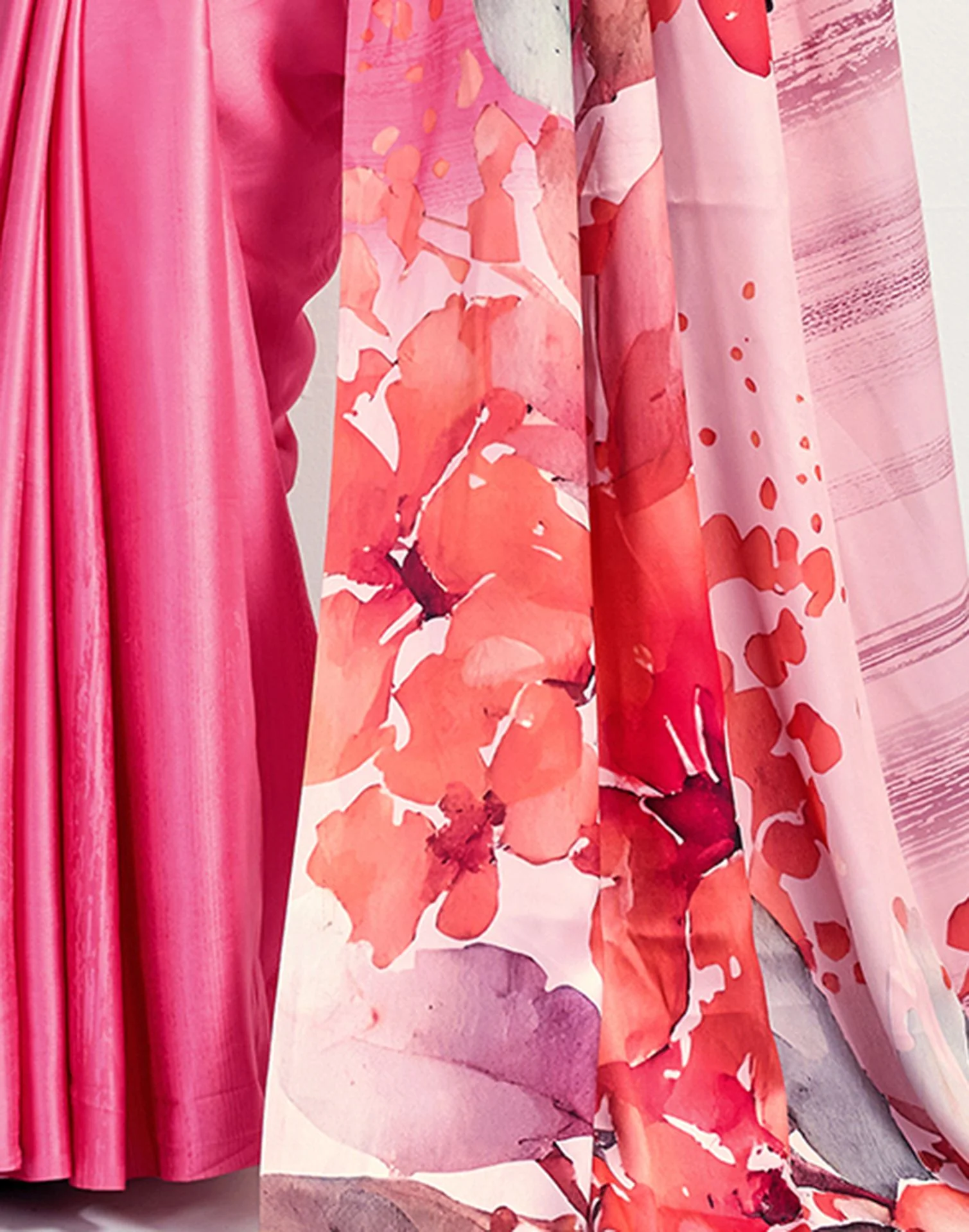 Pink Satin Floral Printed Saree - Image 7