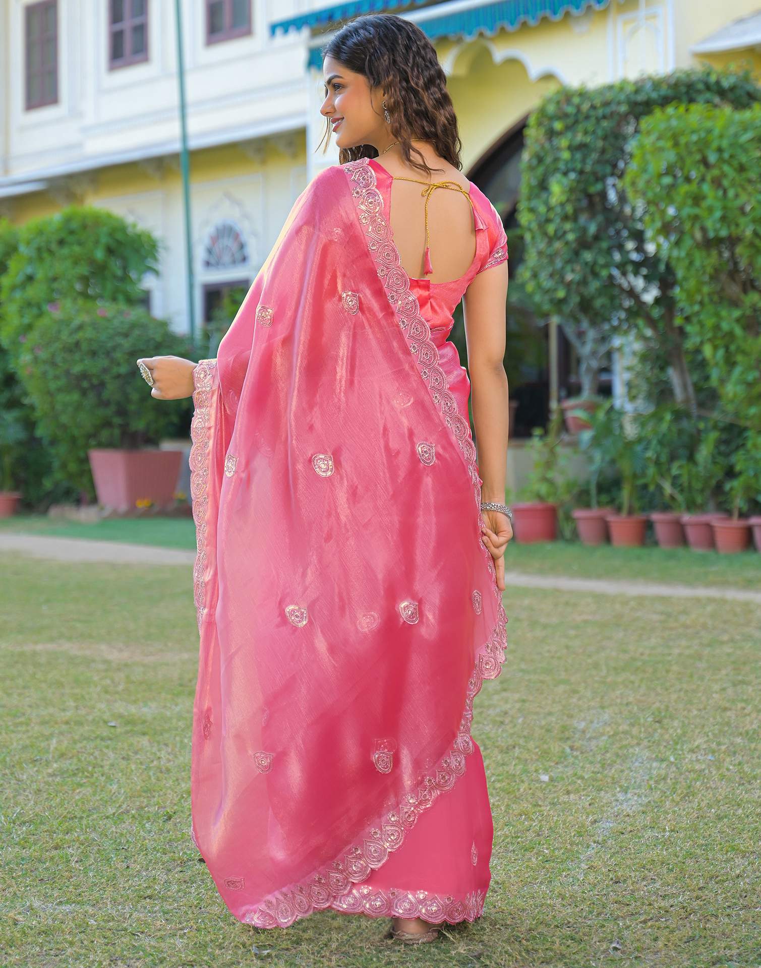 Pink Shimmer Chiffon Sequence Embroidery saree - Image 6
