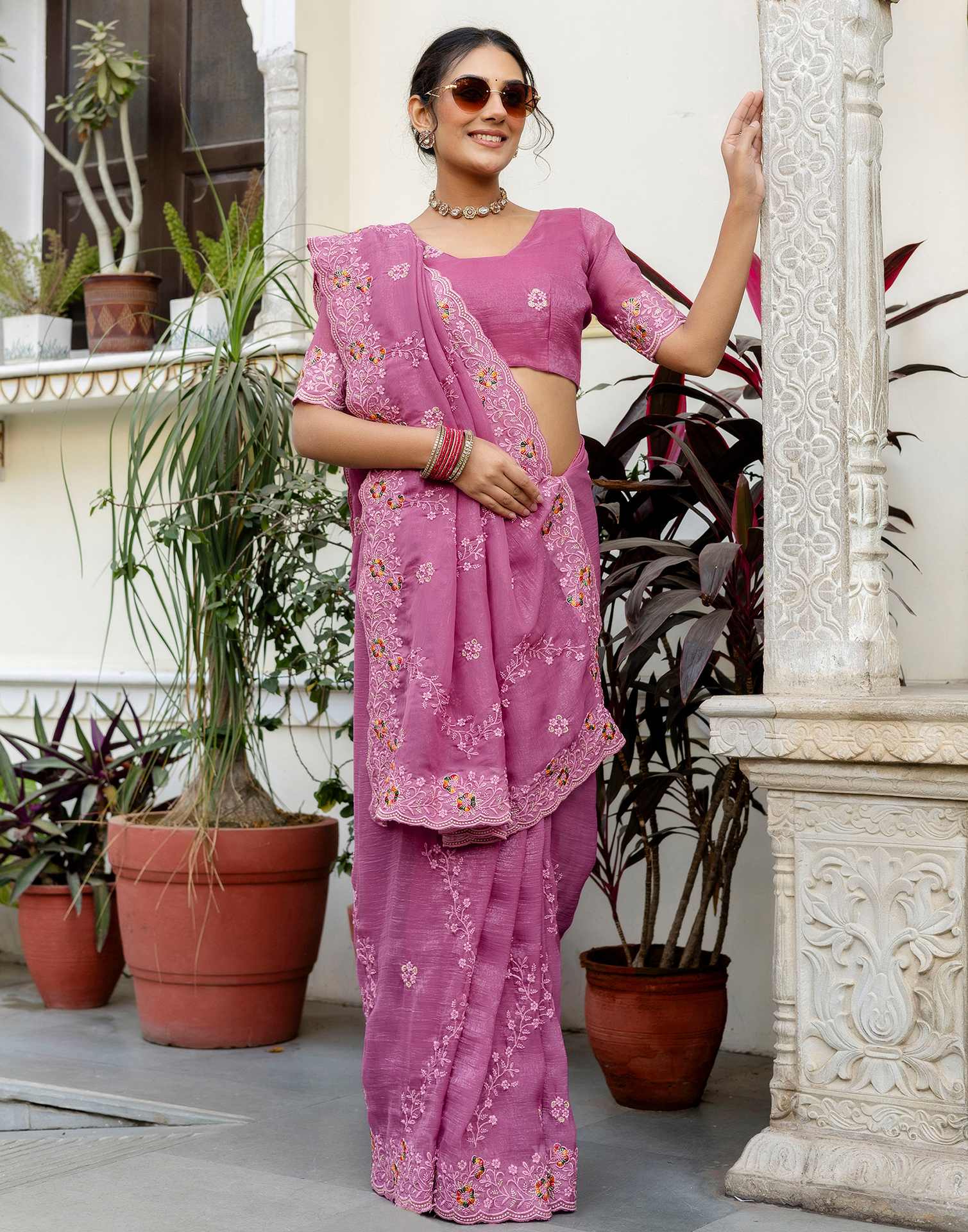 Pink Shimmer Embroidery Saree - Image 10