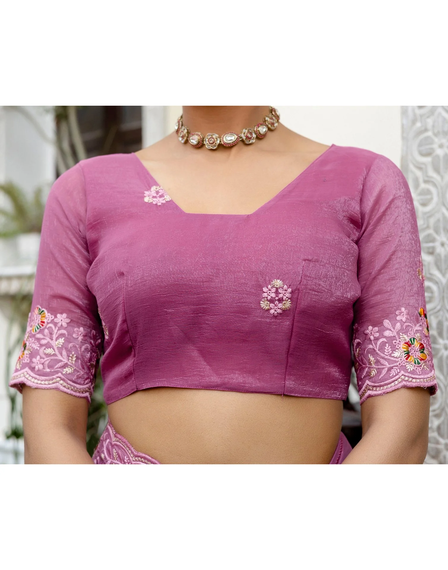 Pink Shimmer Embroidery Saree - Image 13