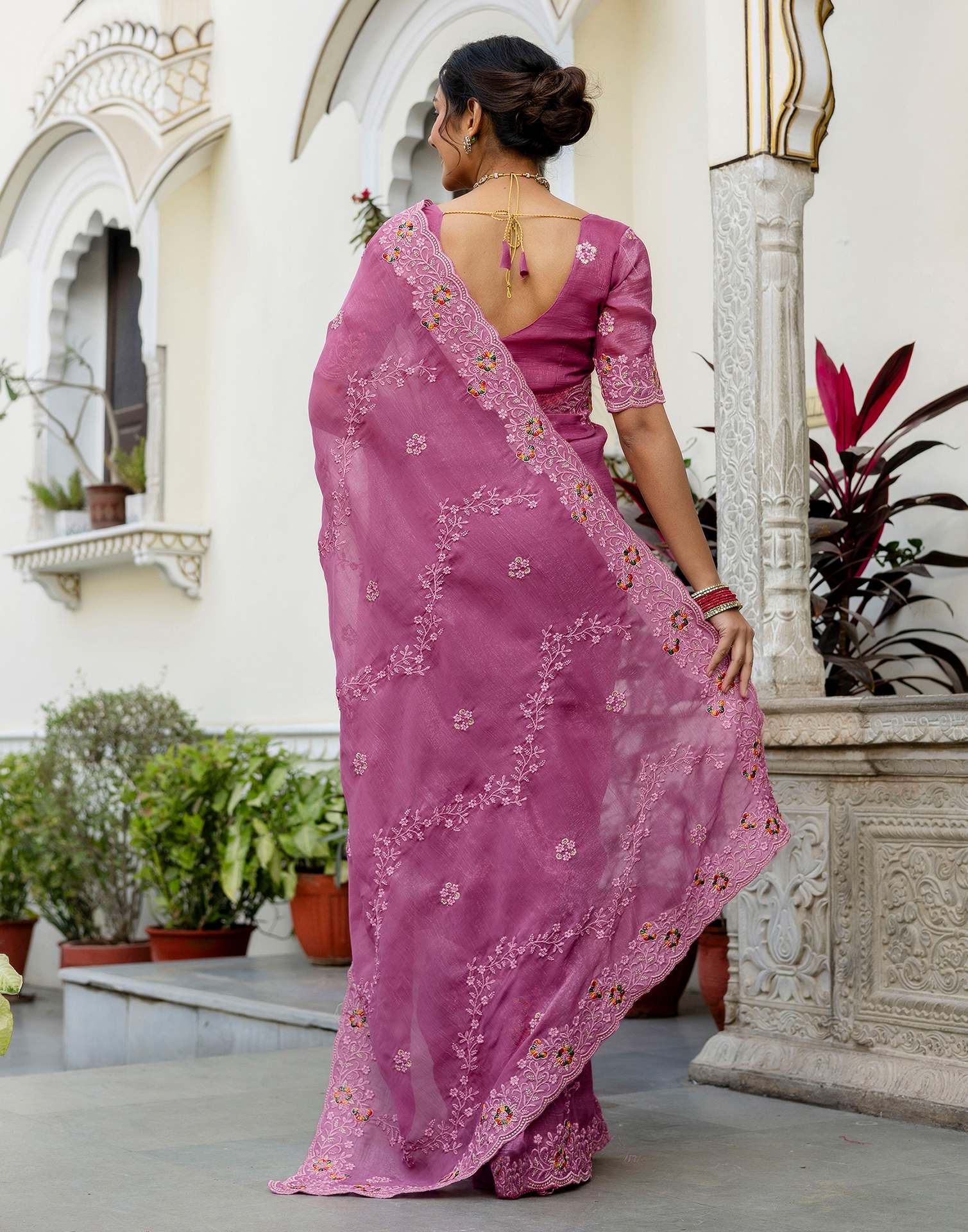 Pink Shimmer Embroidery Saree - Image 5