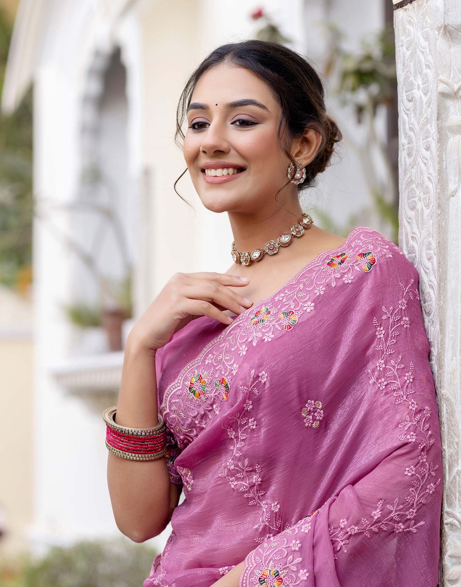 Pink Shimmer Embroidery Saree - Image 6