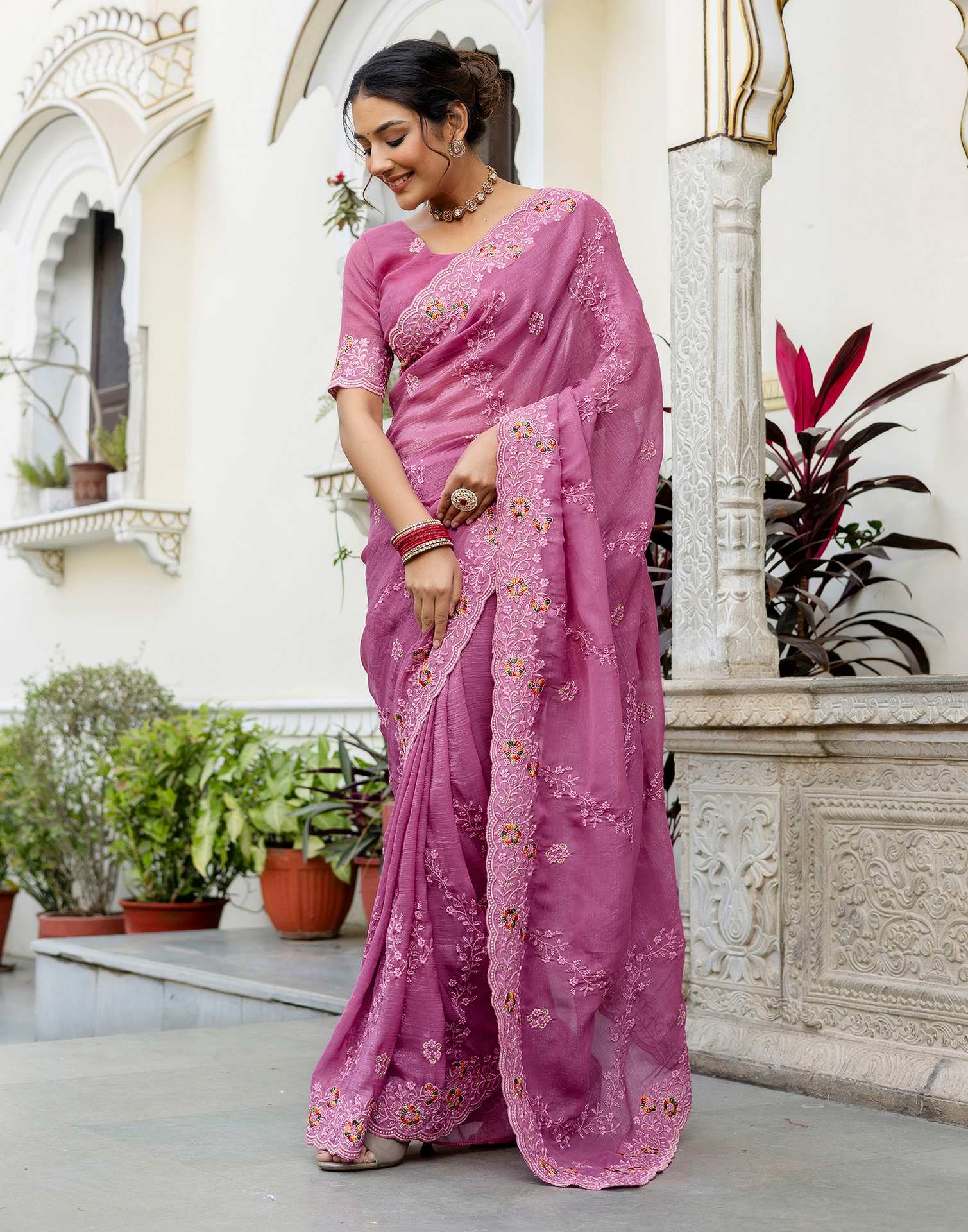 Pink Shimmer Embroidery Saree - Image 8