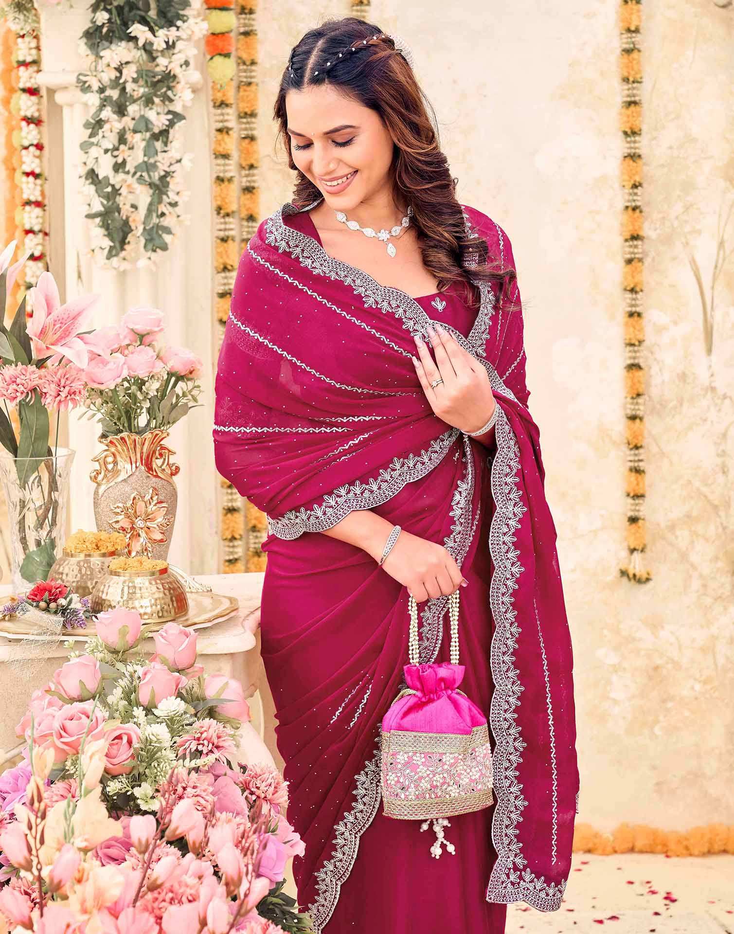 Pink Shimmer Georgette Embroidery Embellished Saree - Image 2