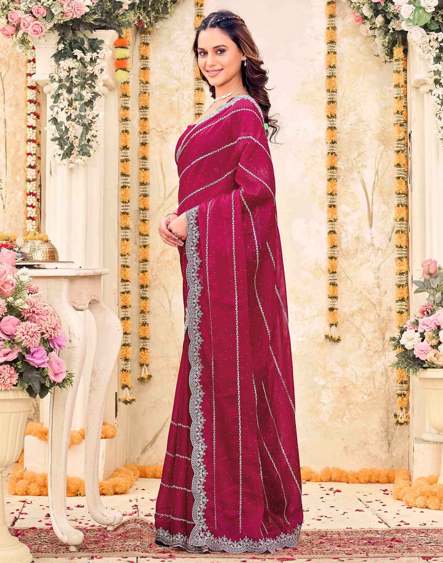 Pink Shimmer Georgette Embroidery Embellished Saree - Image 4