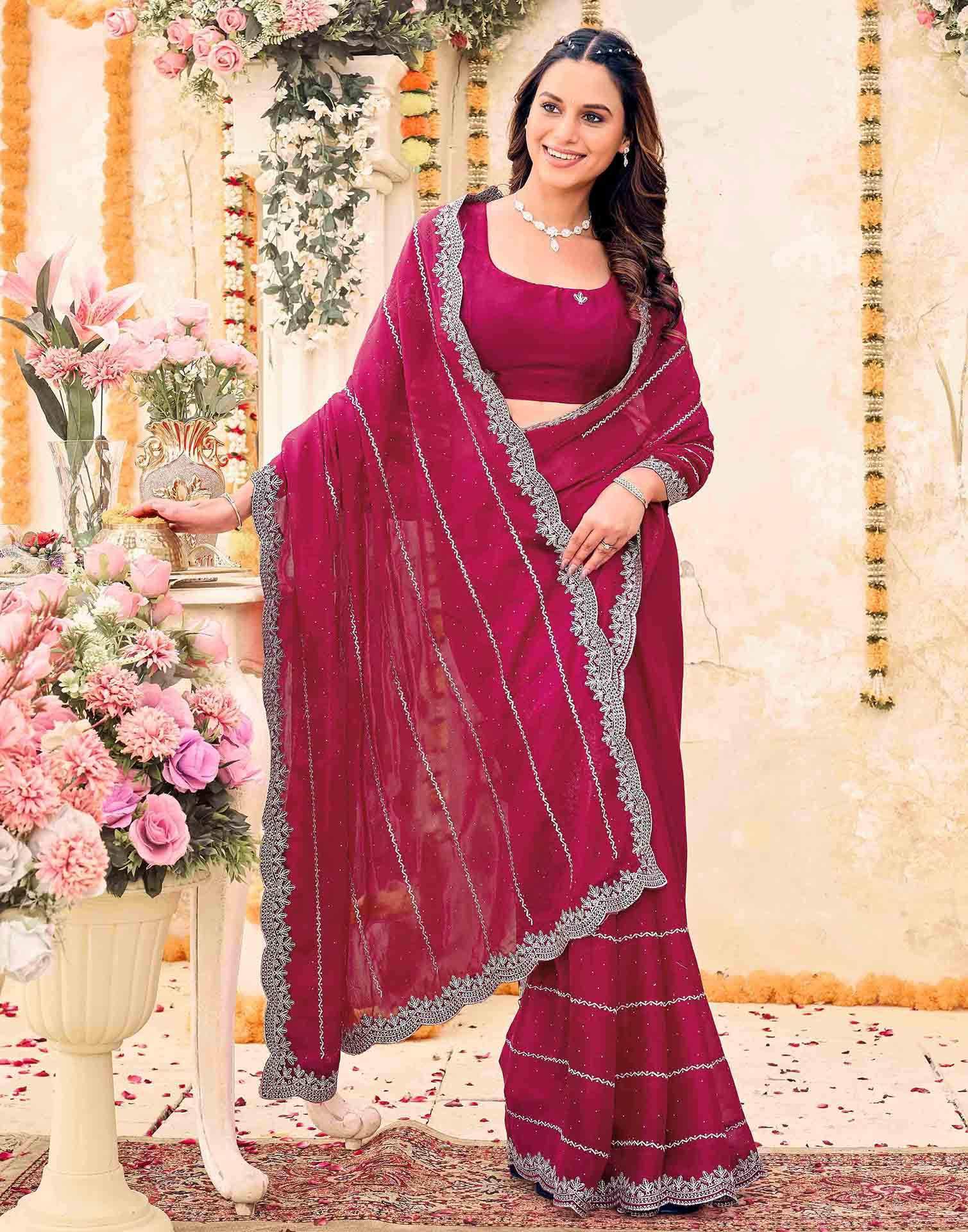 Pink Shimmer Georgette Embroidery Embellished Saree - Image 5