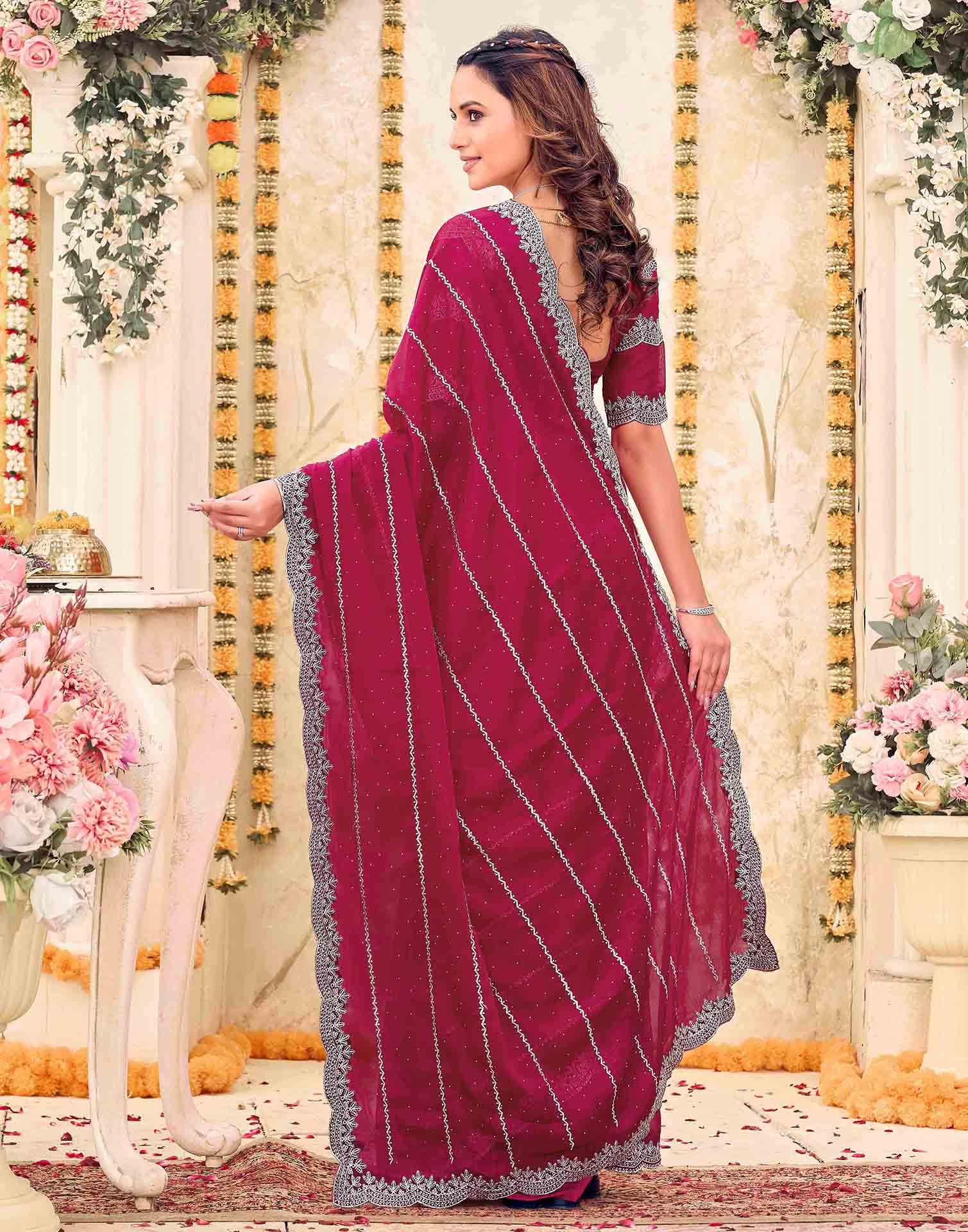 Pink Shimmer Georgette Embroidery Embellished Saree - Image 6
