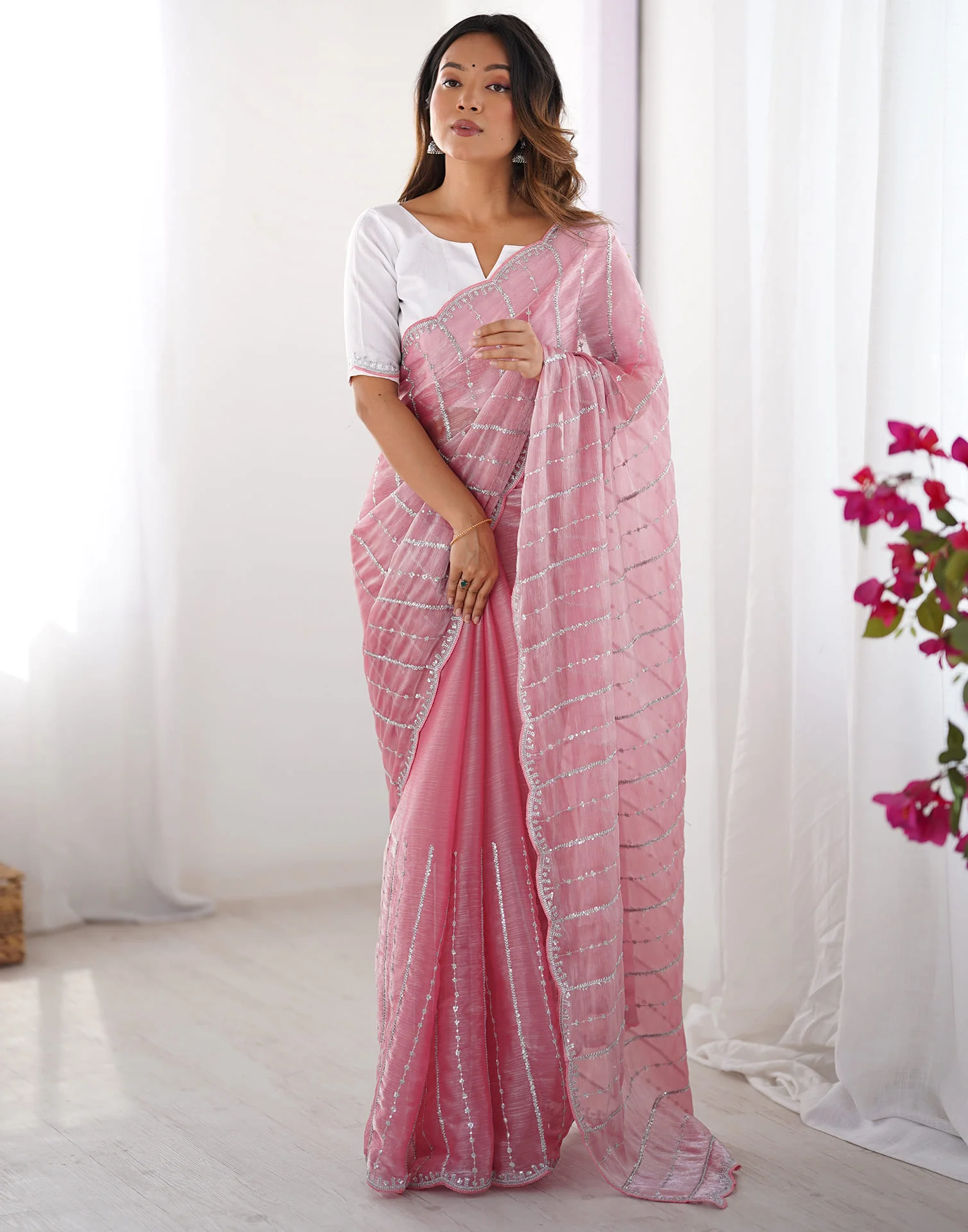 Pink Shimmer Sequence Embroidery Saree - Image 6