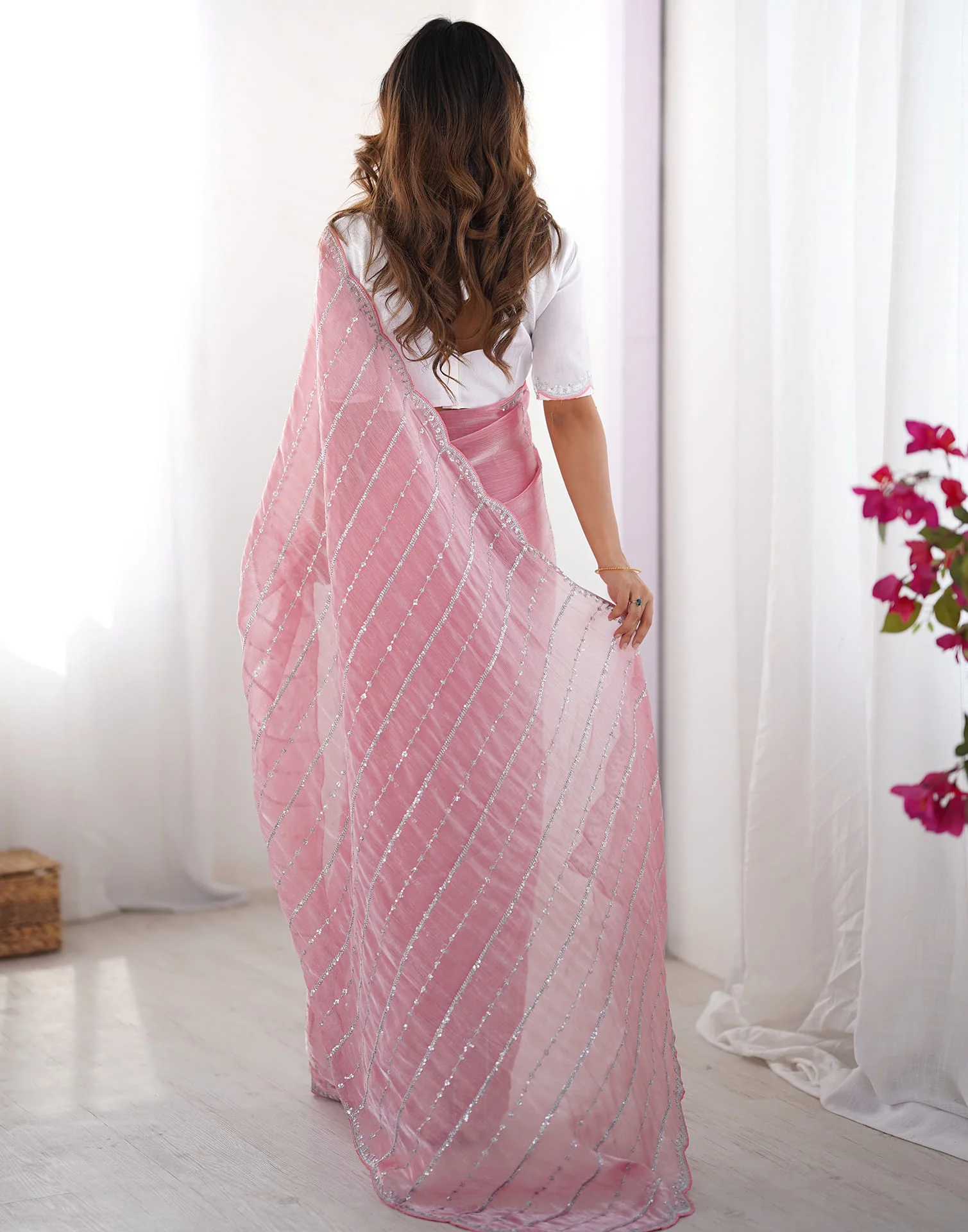 Pink Shimmer Sequence Embroidery Saree - Image 8