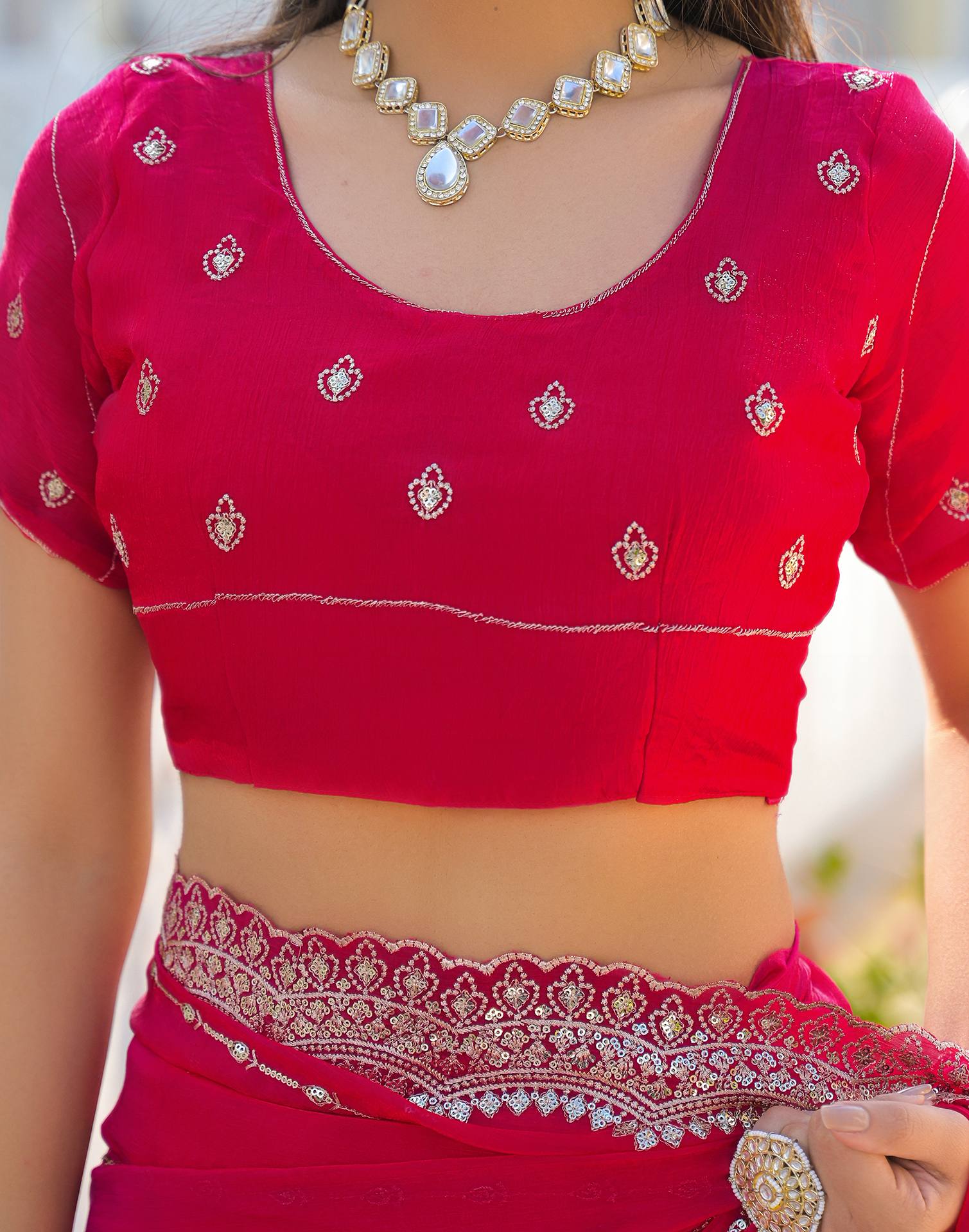 Pink Shimmer Sequence Embroidery Saree - Image 13