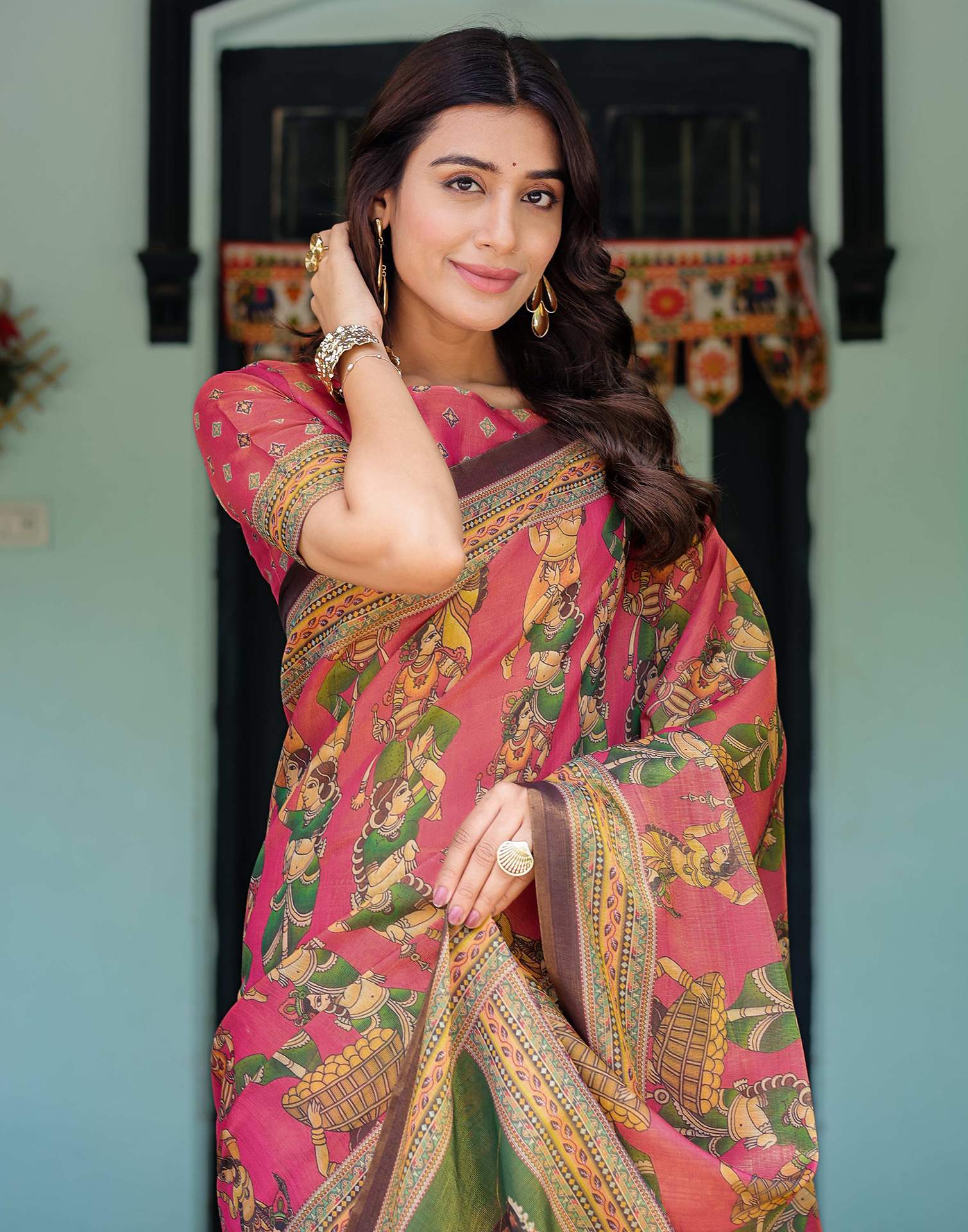 Pink Shimmer Silk Printed Saree - Image 6