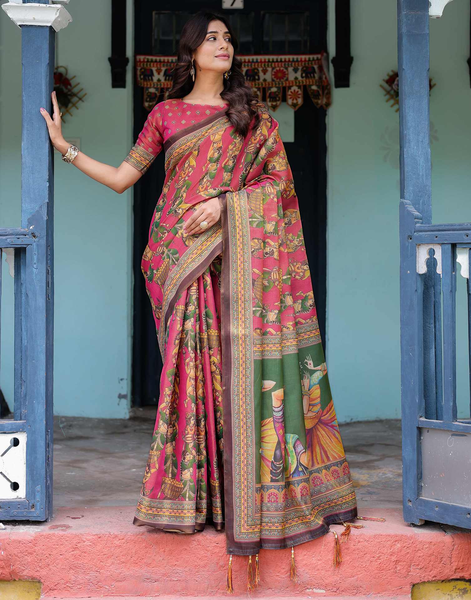 Pink Shimmer Silk Printed Saree - Image 7