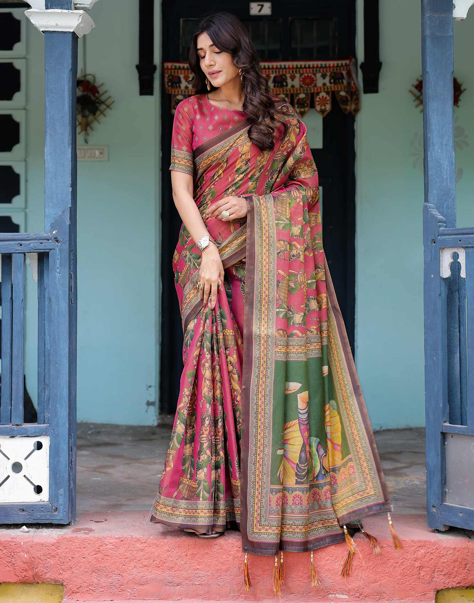 Pink Shimmer Silk Printed Saree - Image 9