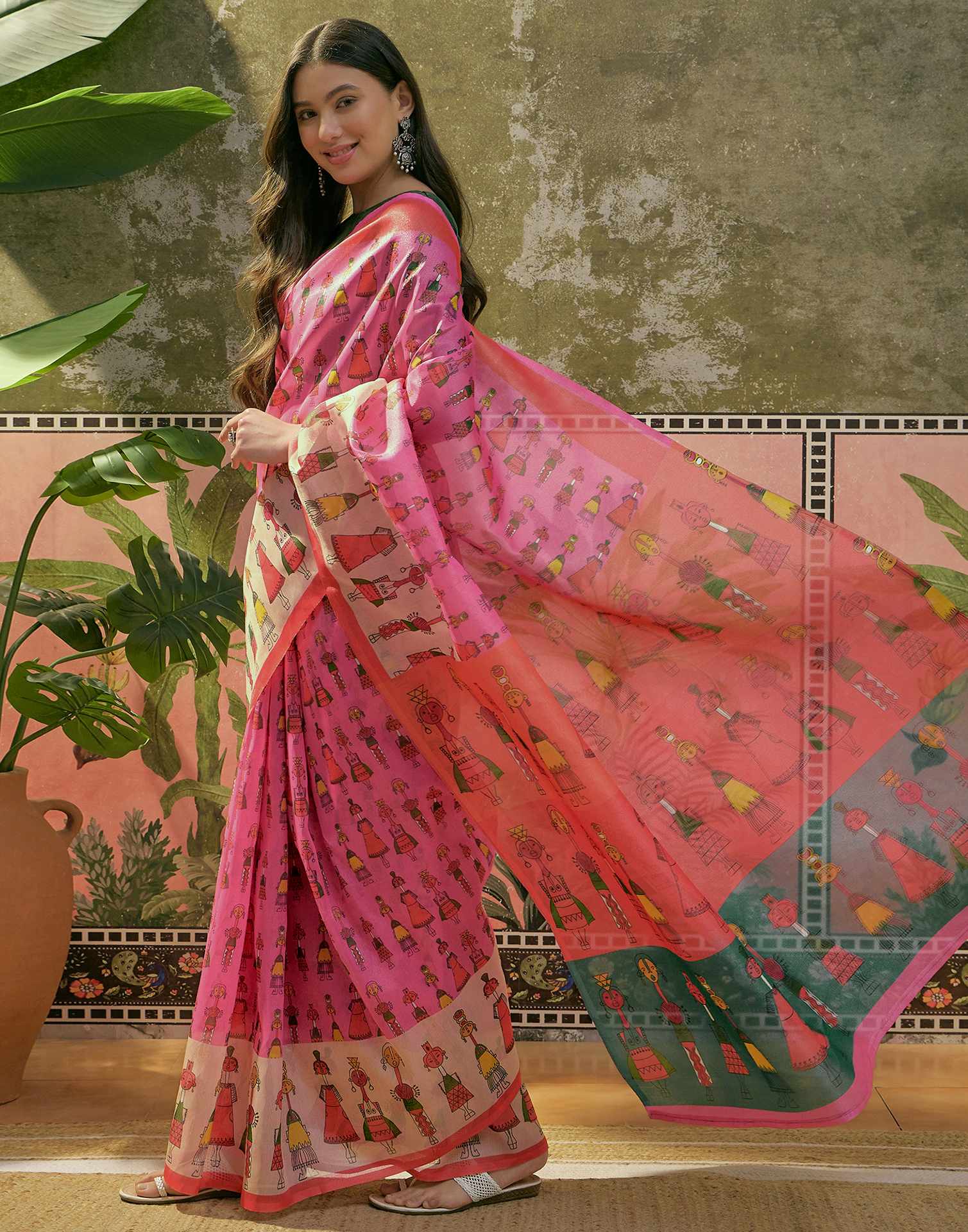 Pink Shimmer Silk Printed Saree - Image 5