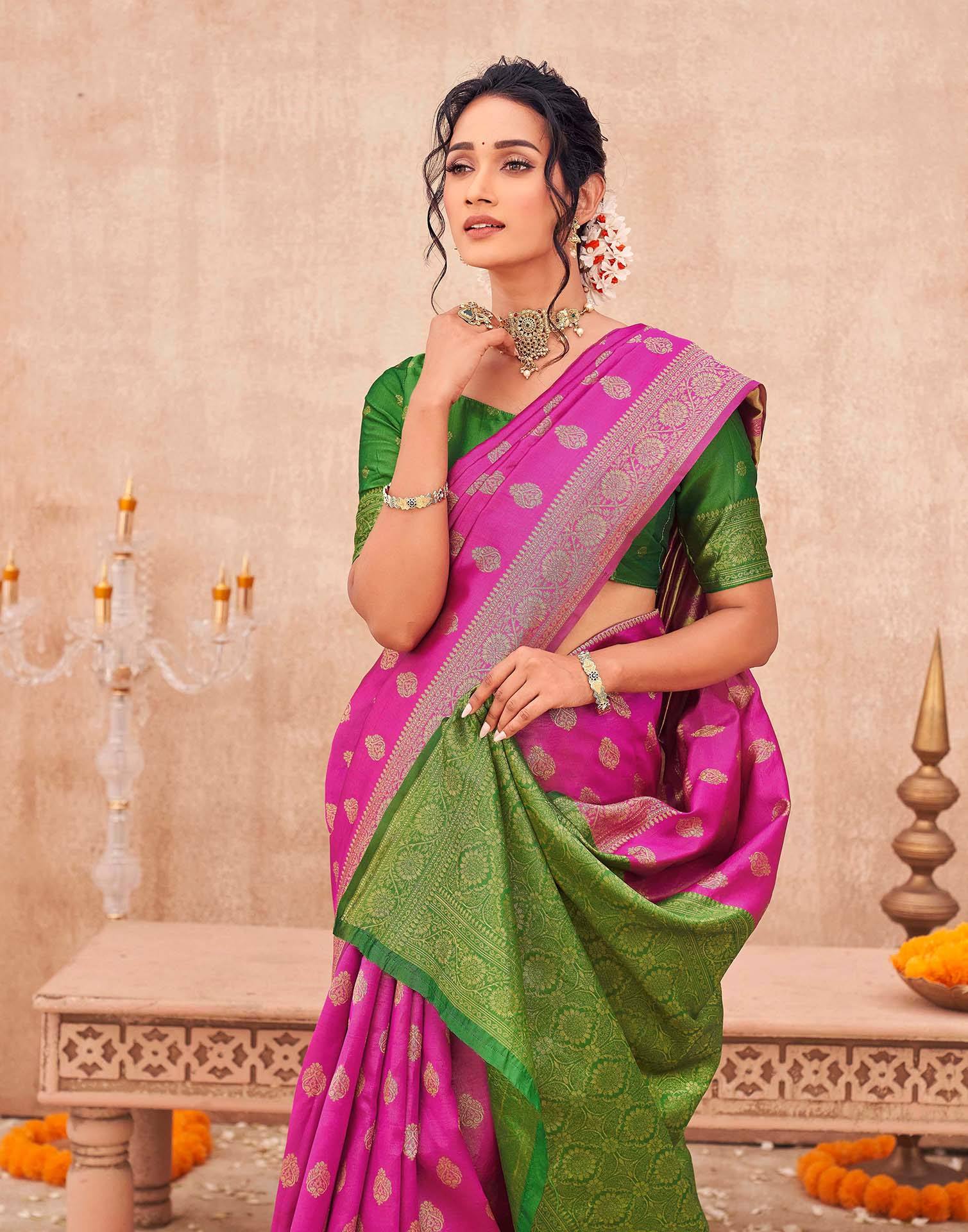 Pink Shimmer Silk Woven Banarasi Saree - Image 2