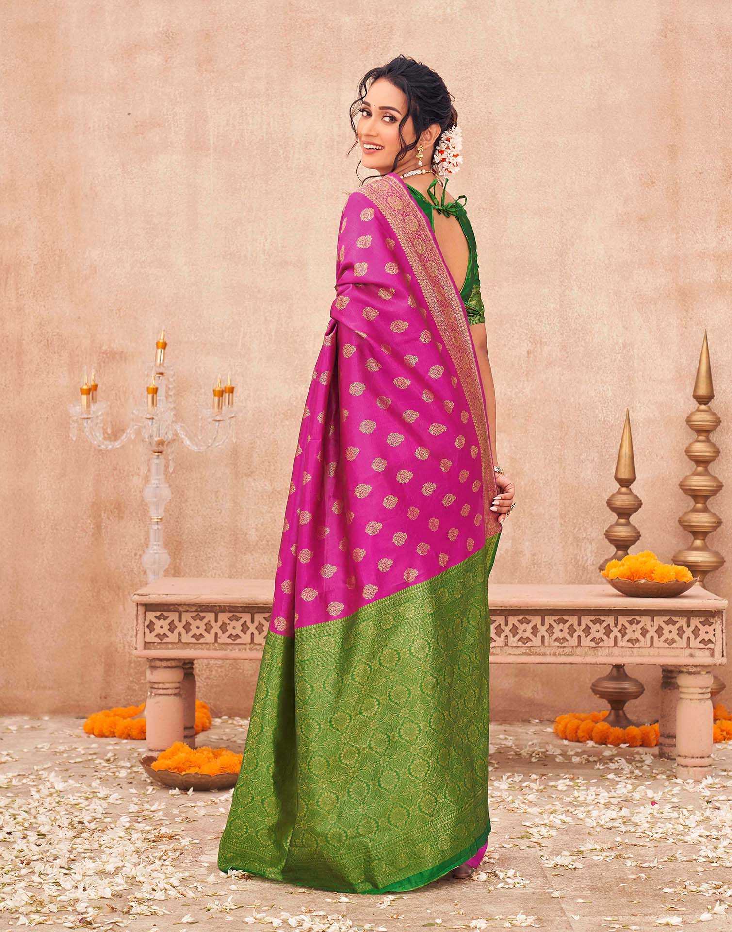 Pink Shimmer Silk Woven Banarasi Saree - Image 6