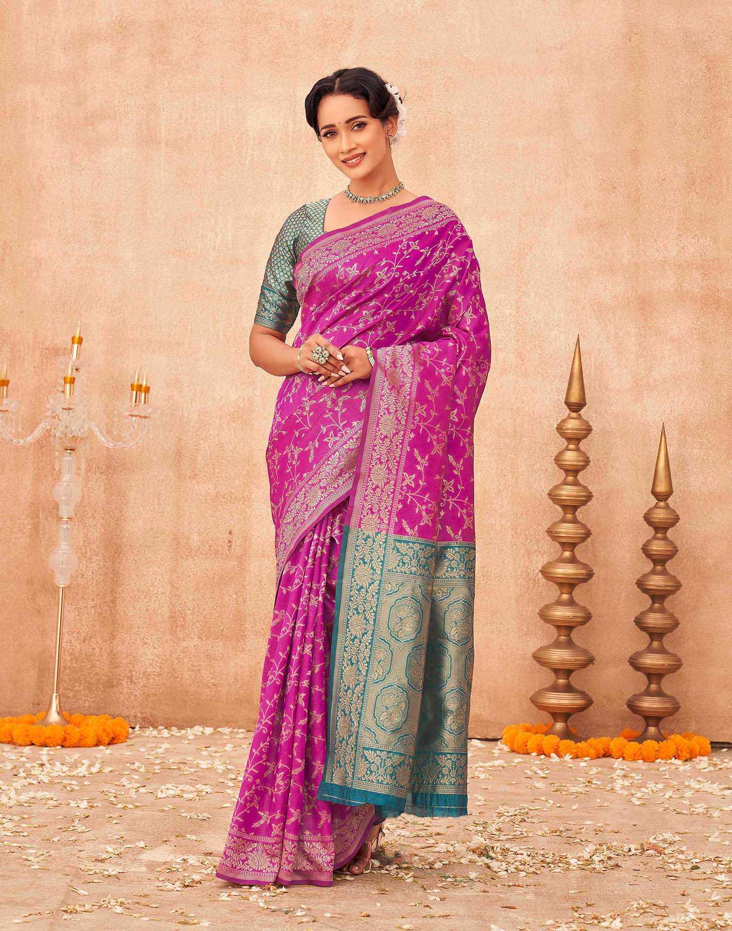 Pink Shimmer Silk Woven Banarasi Saree - Image 2