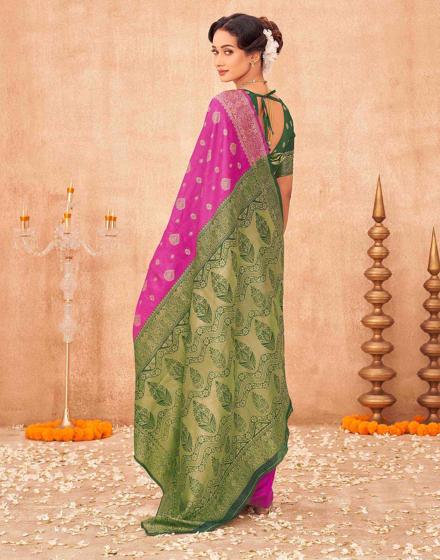 Pink Shimmer Silk Woven Banarasi Saree - Image 6