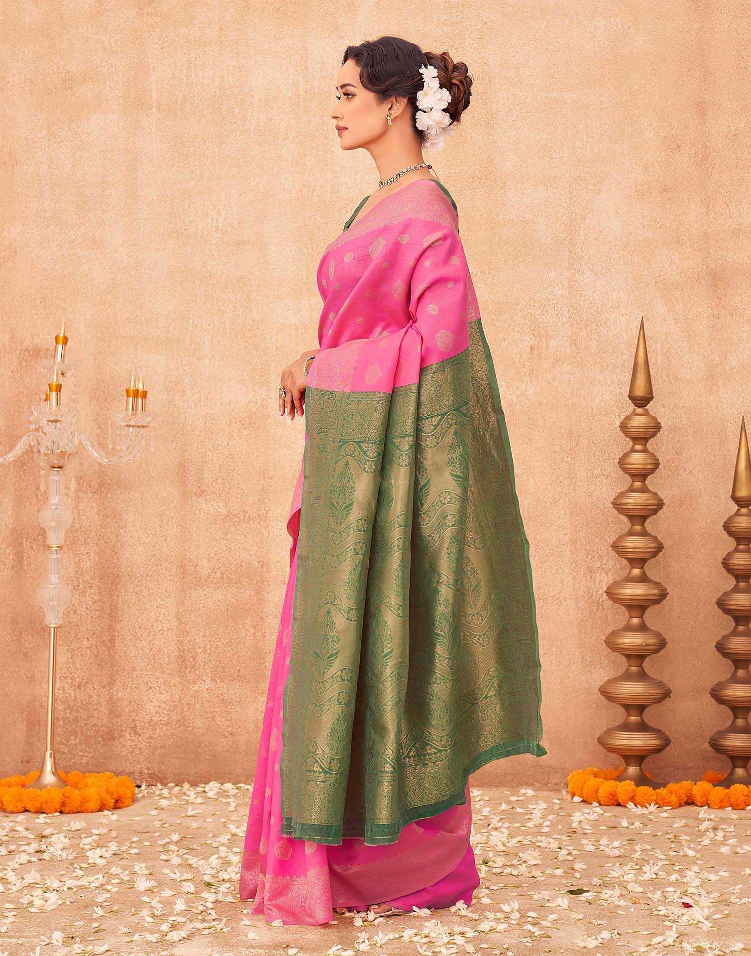 Pink Shimmer Silk Woven Banarasi Saree - Image 4