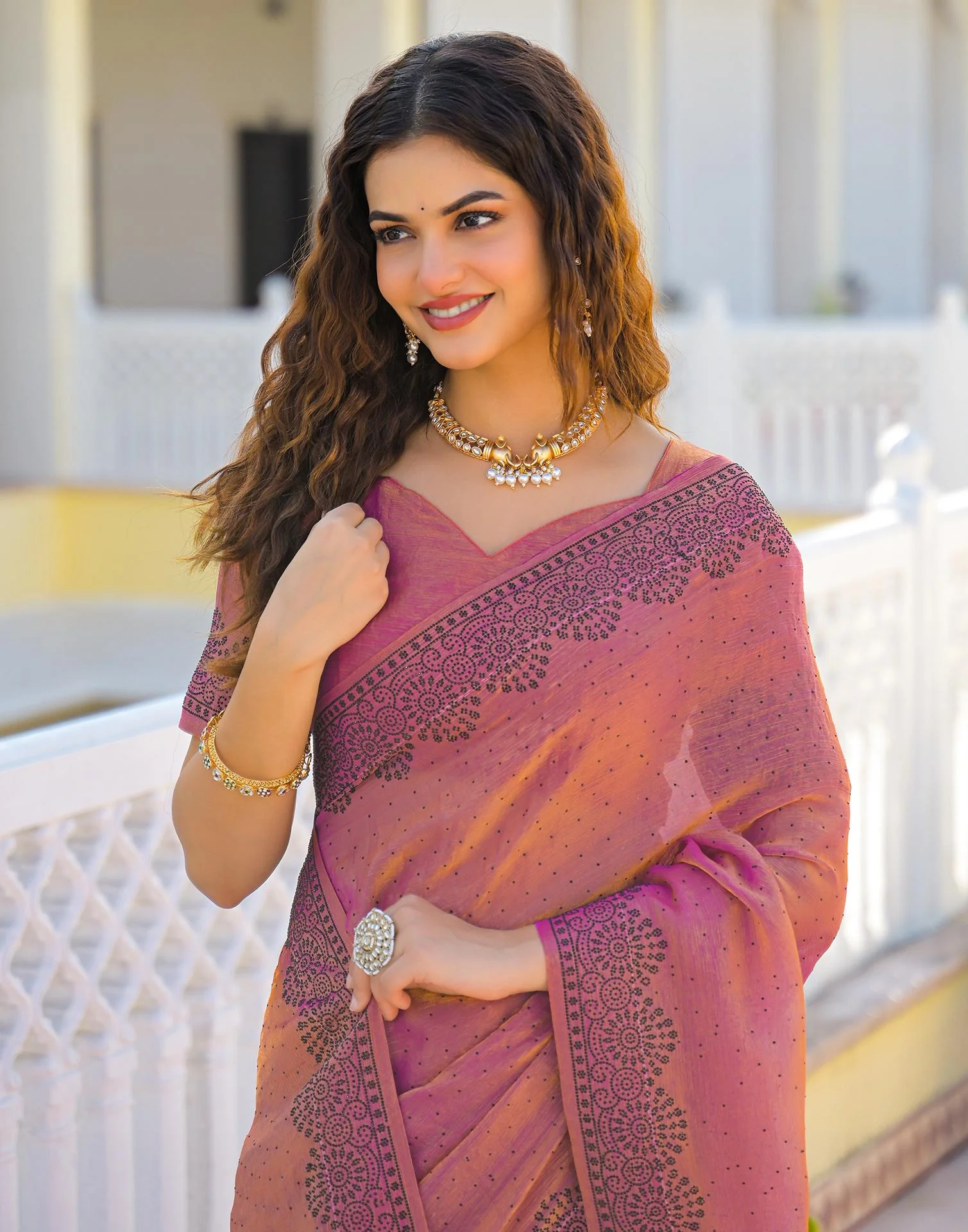 Pink Shimmer Stone Work Swarovski Saree - Image 2