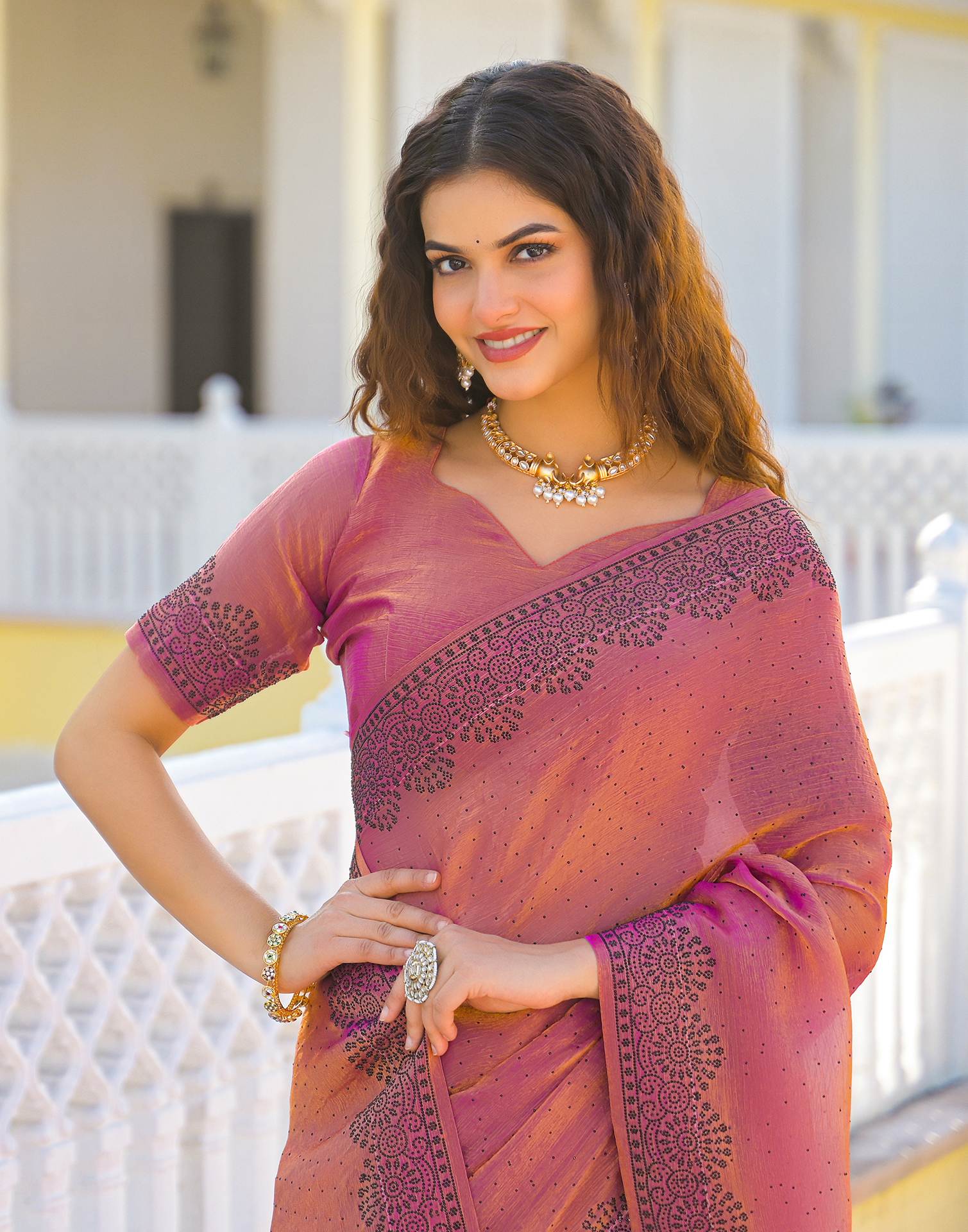 Pink Shimmer Stone Work Swarovski Saree - Image 4