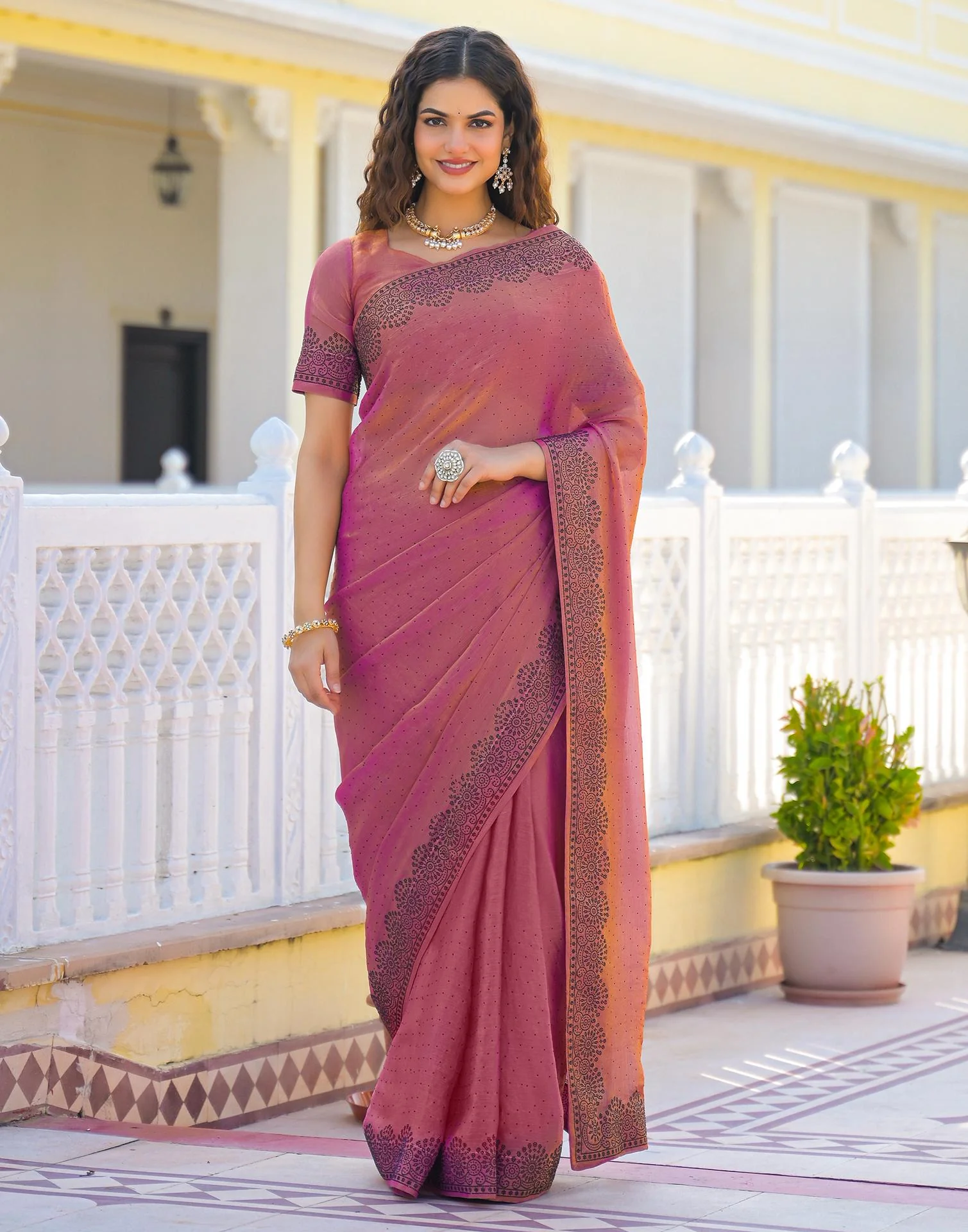 Pink Shimmer Stone Work Swarovski Saree - Image 6
