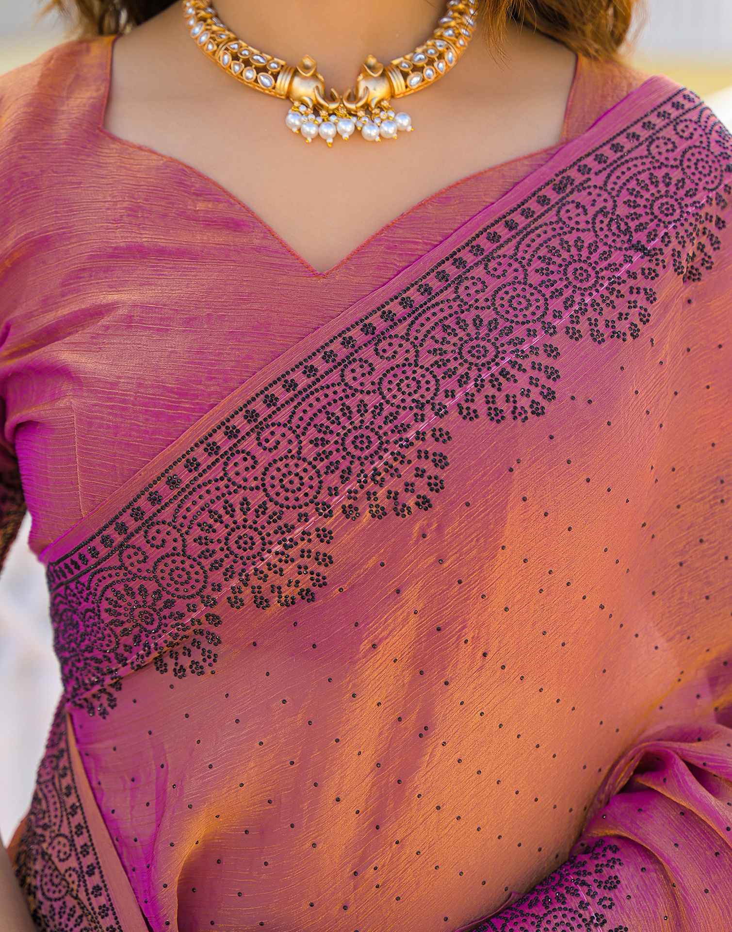 Pink Shimmer Stone Work Swarovski Saree - Image 8