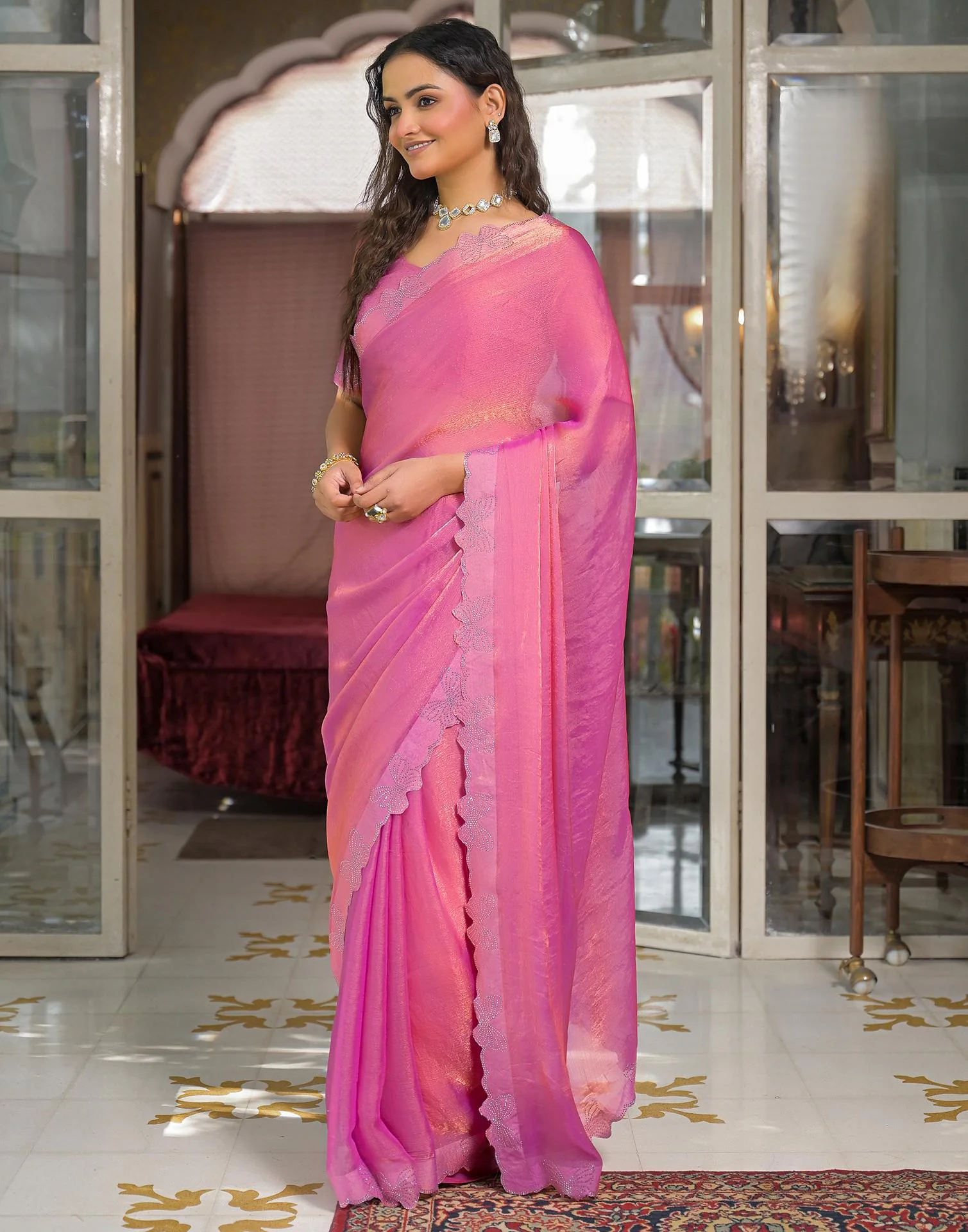 Pink Shimmer Stone Work Swarovski Saree - Image 2