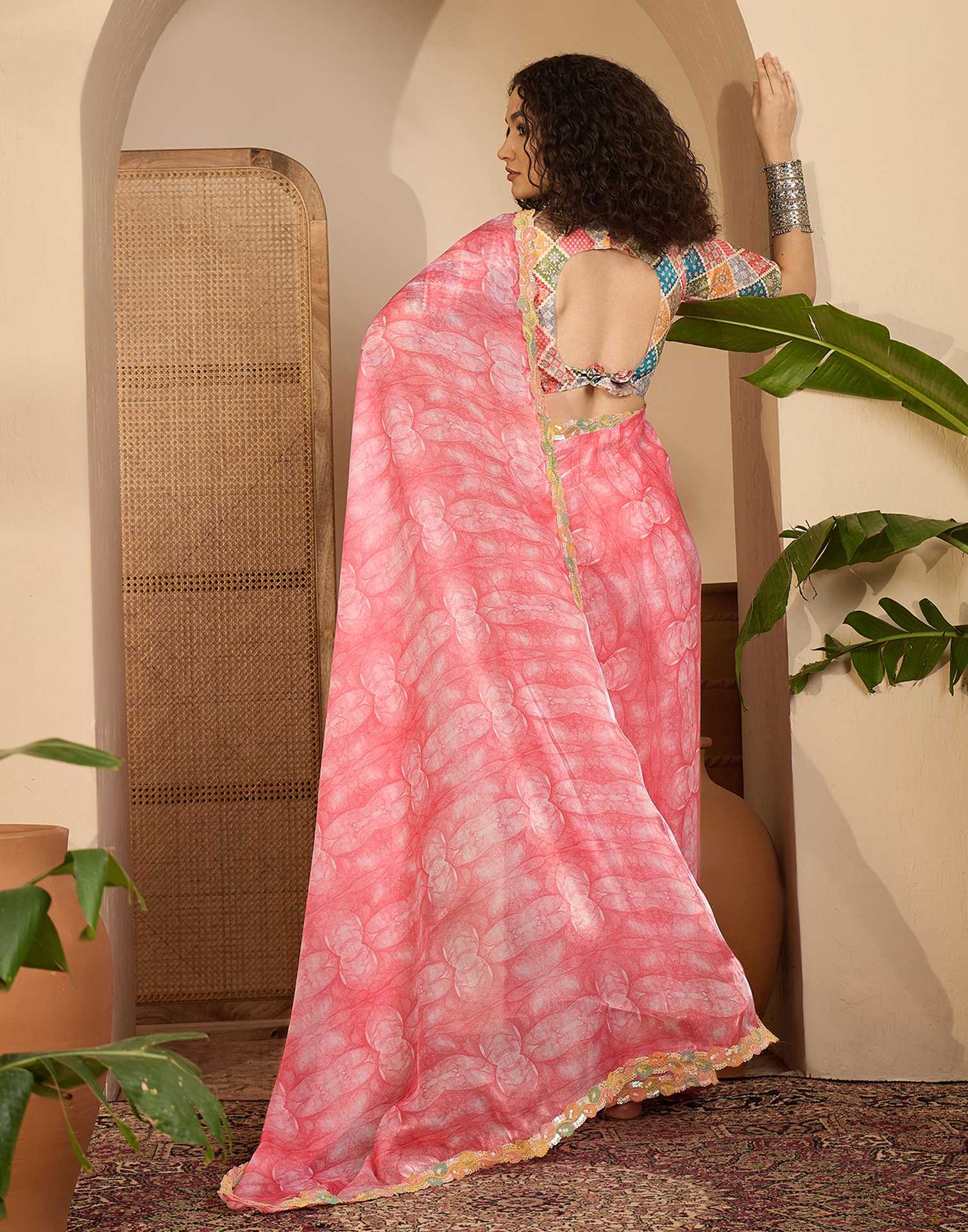 Pink Shimmer Tissue Printed Lace saree - Image 7