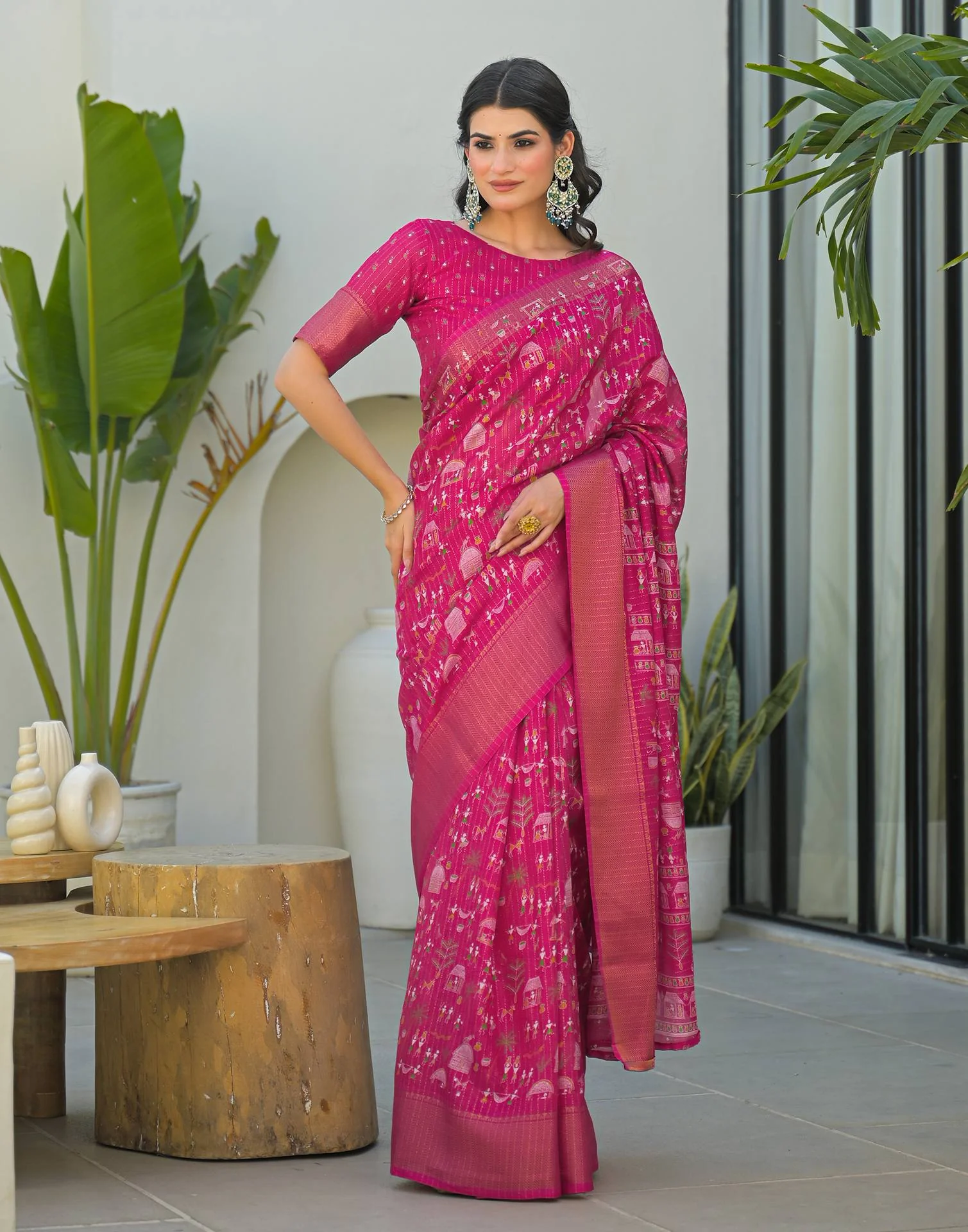 Pink Silk Printed Zari Stripe SareeĀ