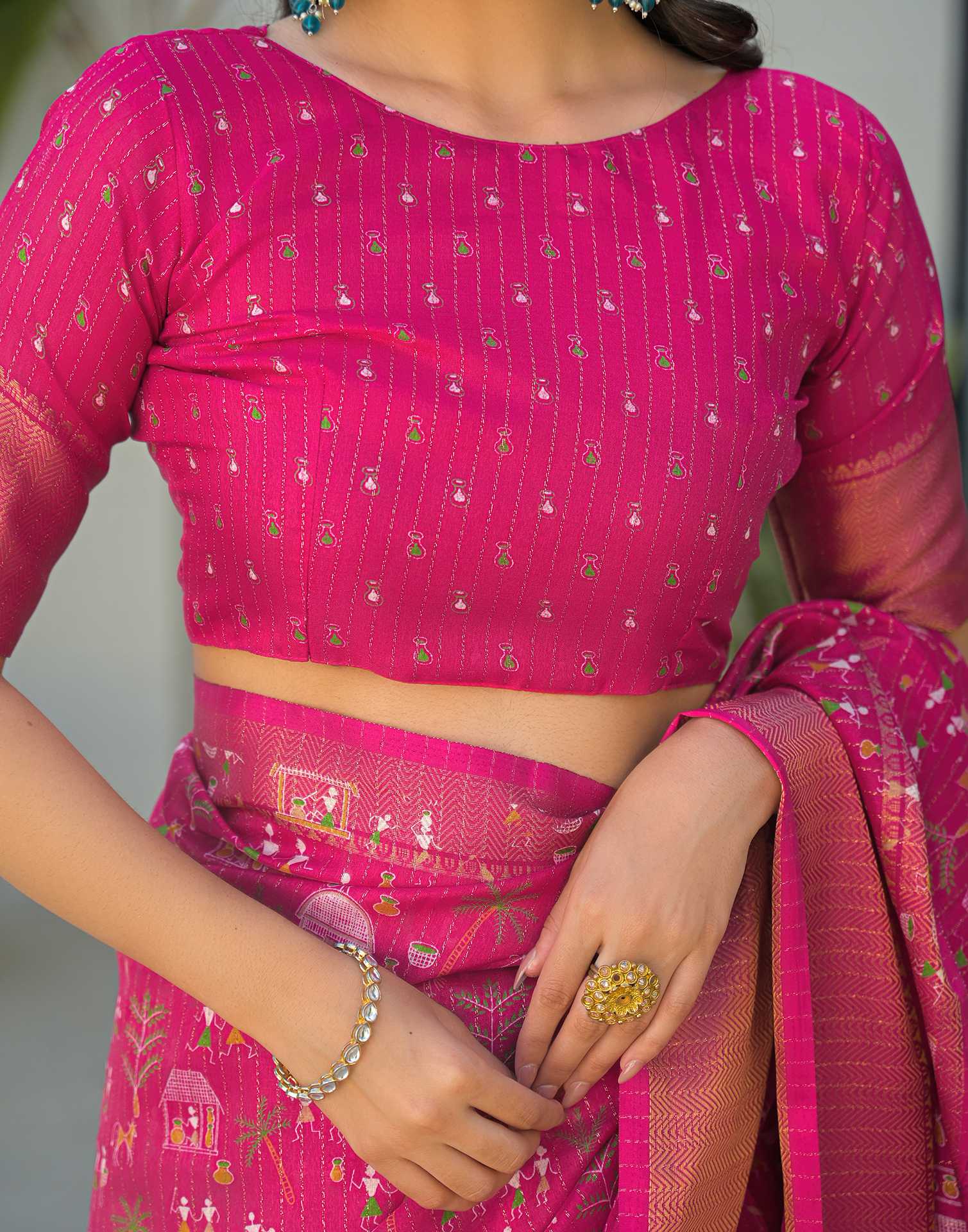 Pink Silk Printed Zari Stripe SareeĀ - Image 10