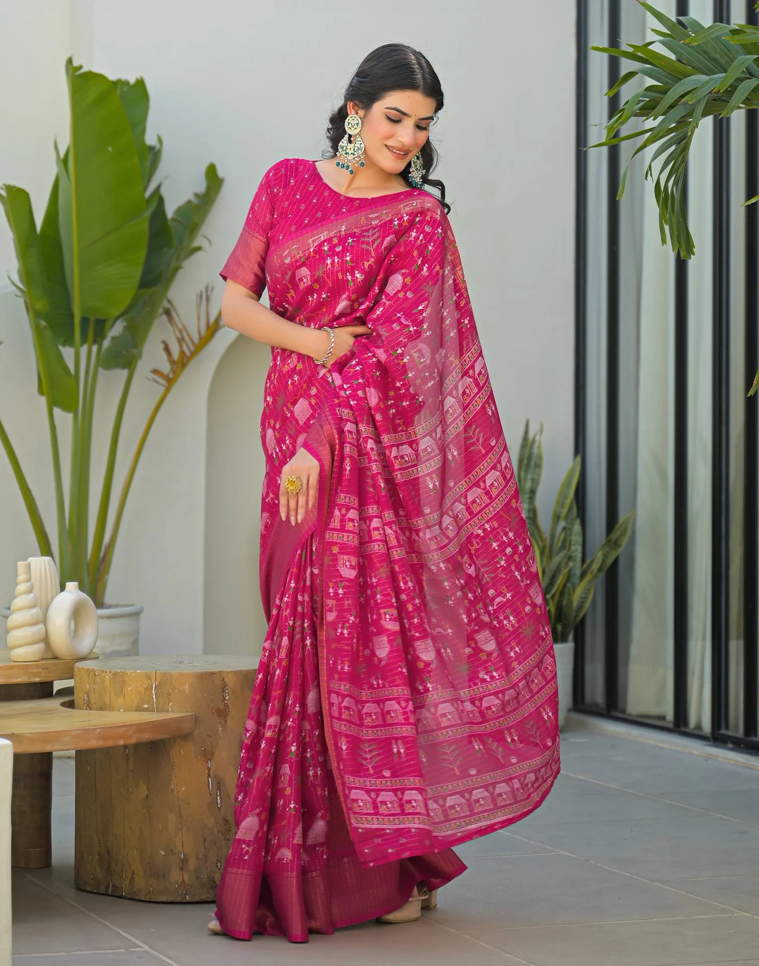 Pink Silk Printed Zari Stripe SareeĀ - Image 5