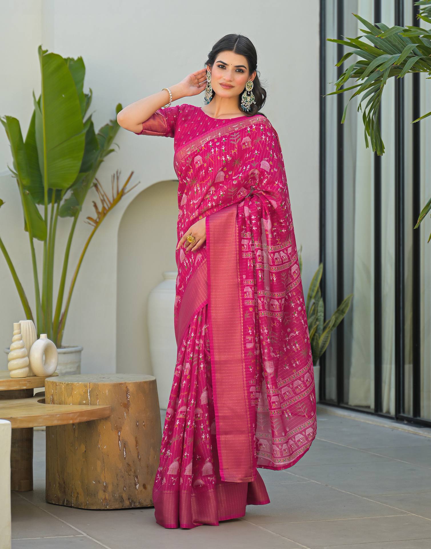 Pink Silk Printed Zari Stripe SareeĀ - Image 7