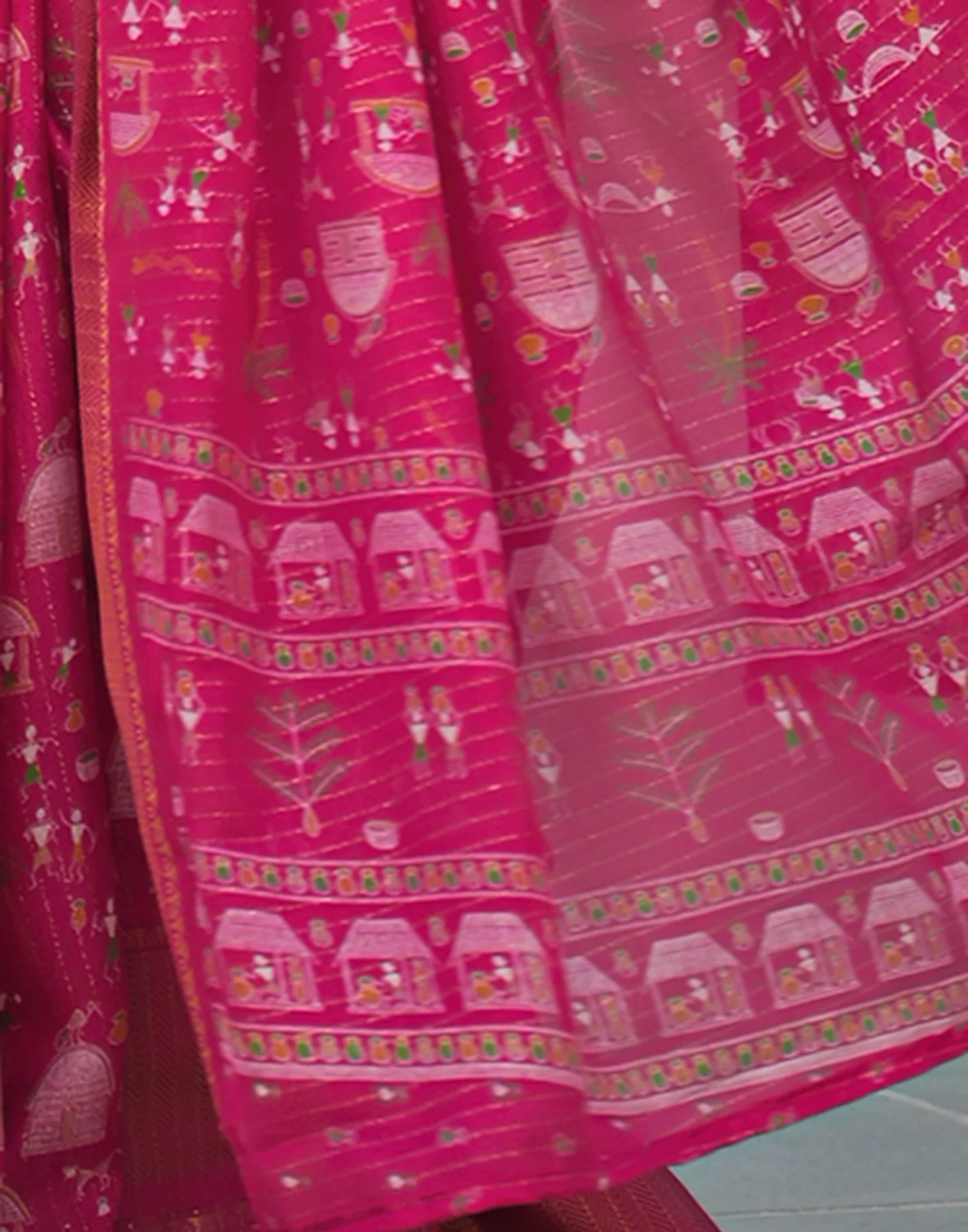Pink Silk Printed Zari Stripe SareeĀ - Image 9