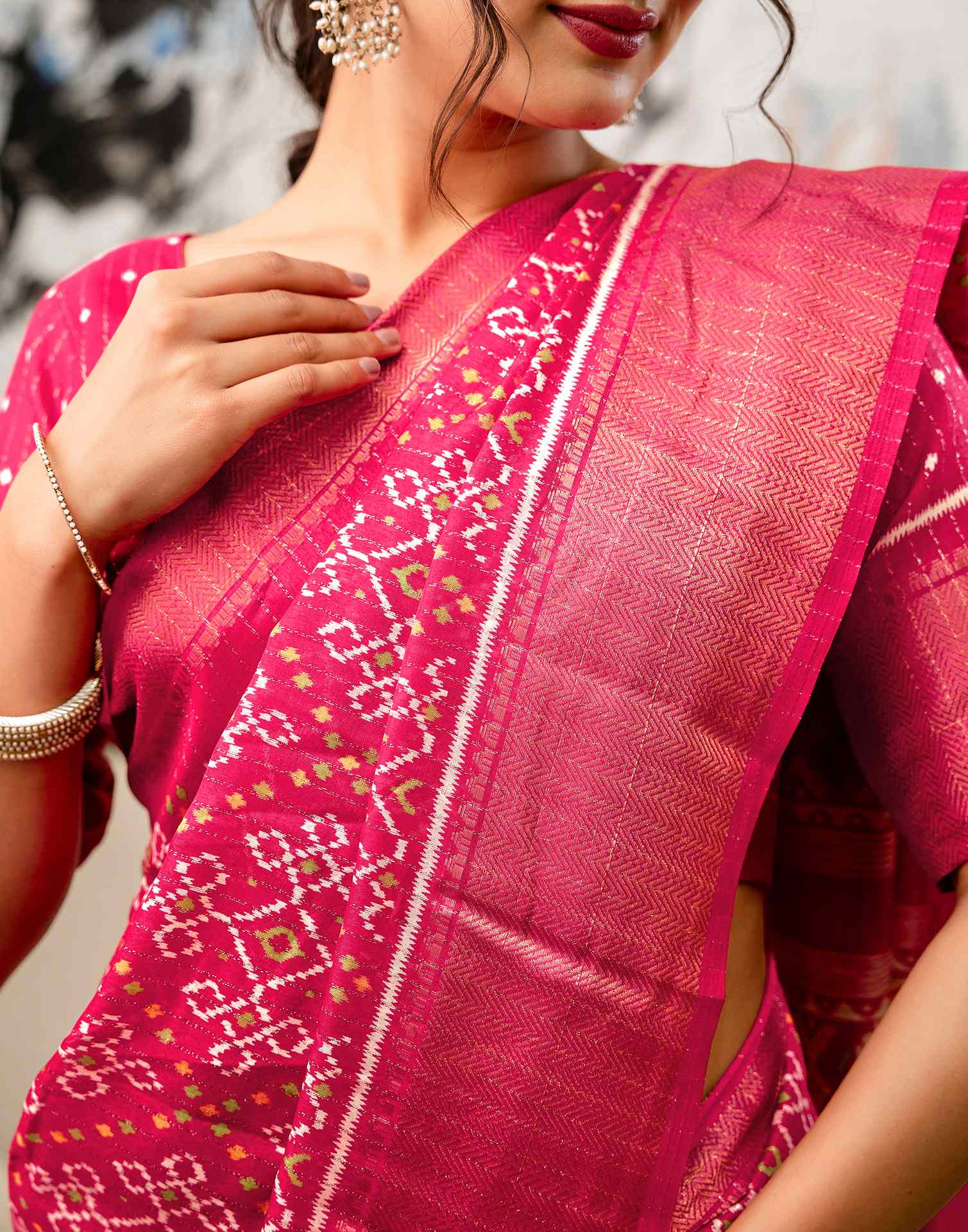 Pink Silk Printed Zari Stripe SareeĀ - Image 10