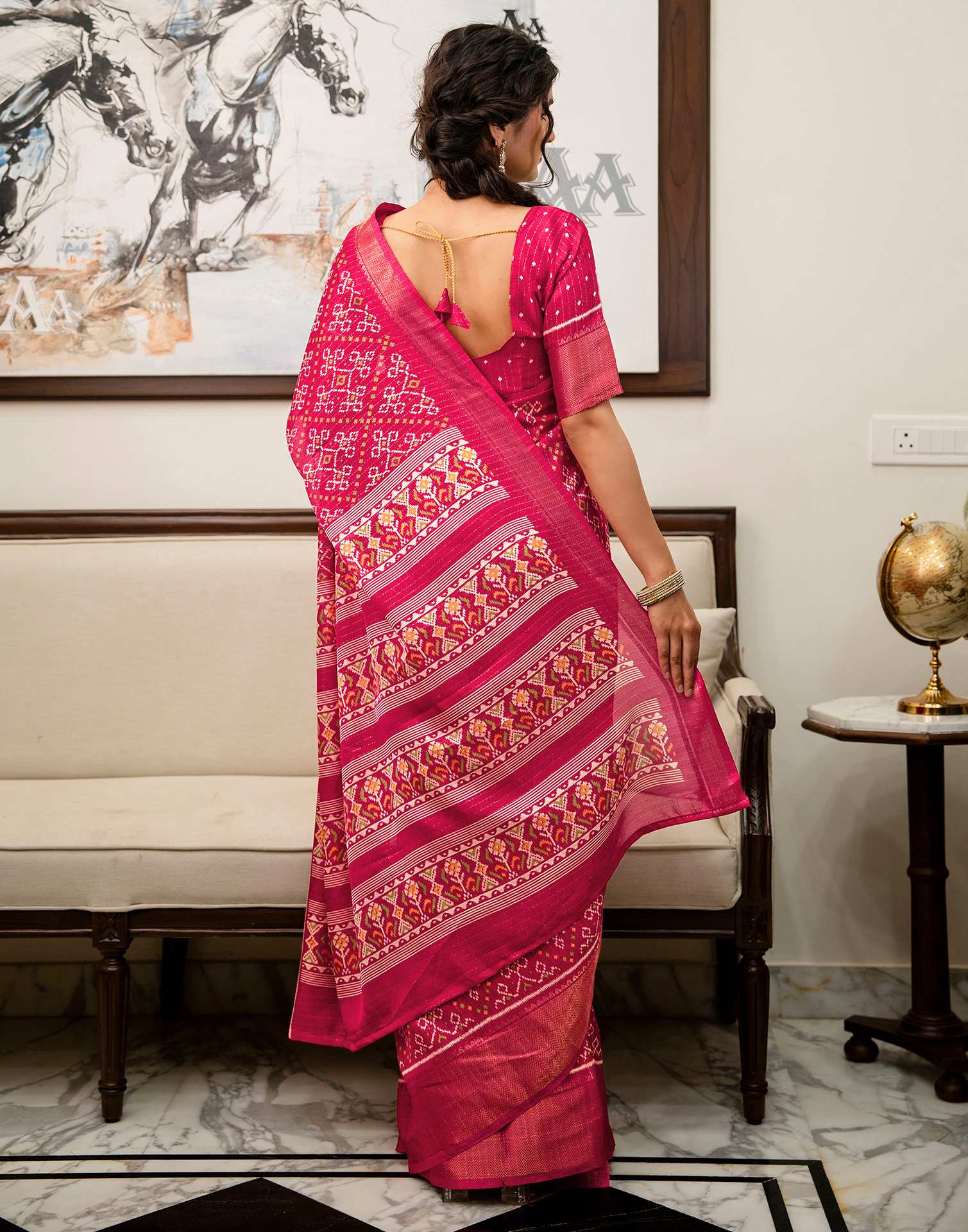 Pink Silk Printed Zari Stripe SareeĀ - Image 8