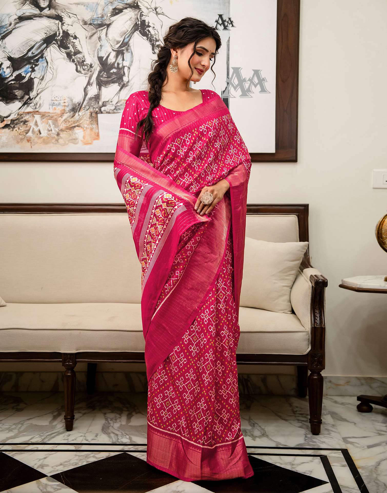 Pink Silk Printed Zari Stripe SareeĀ - Image 9