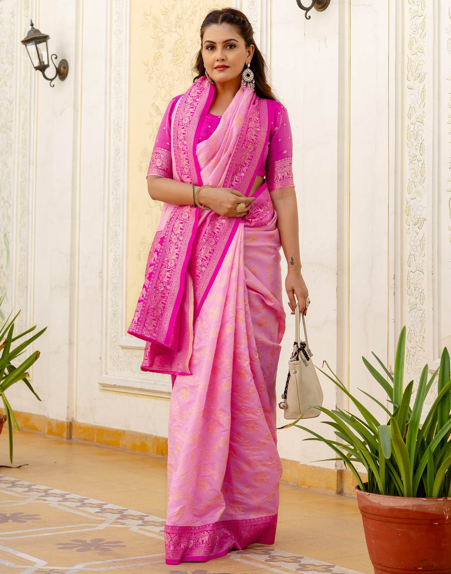 Pink Silk Woven Banarasi Saree - Image 10