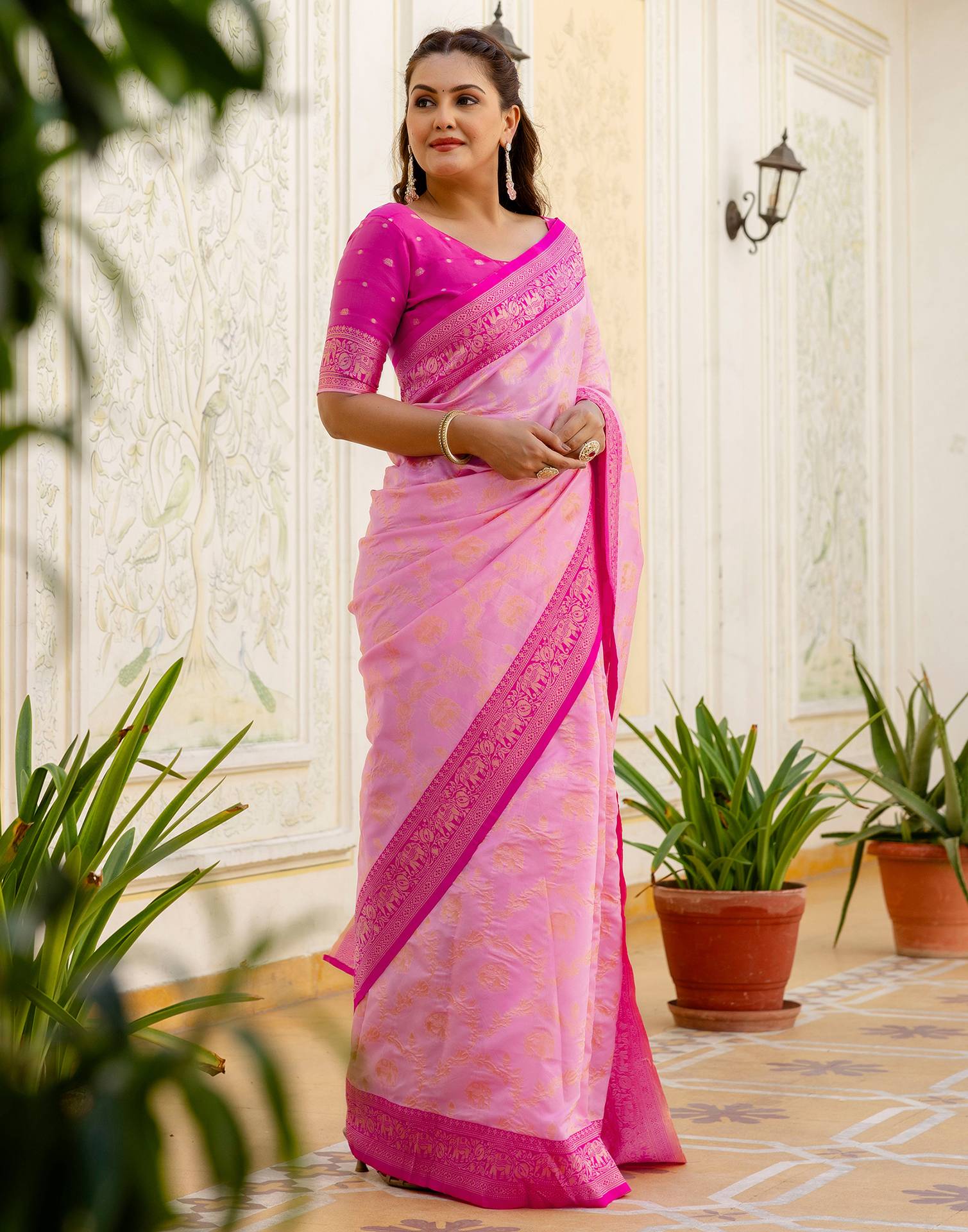 Pink Silk Woven Banarasi Saree - Image 8