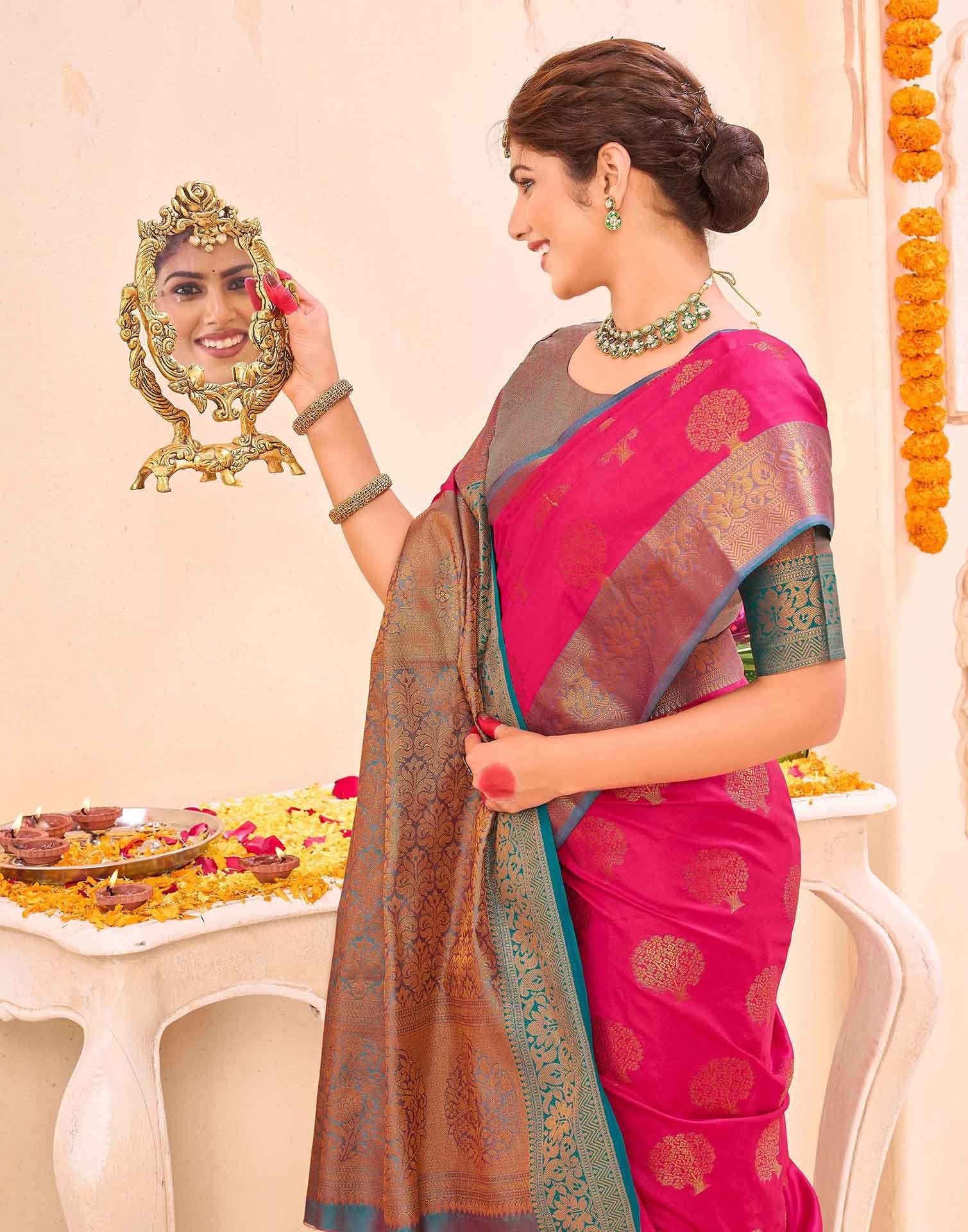 Pink Silk Woven Banarasi Saree - Image 2