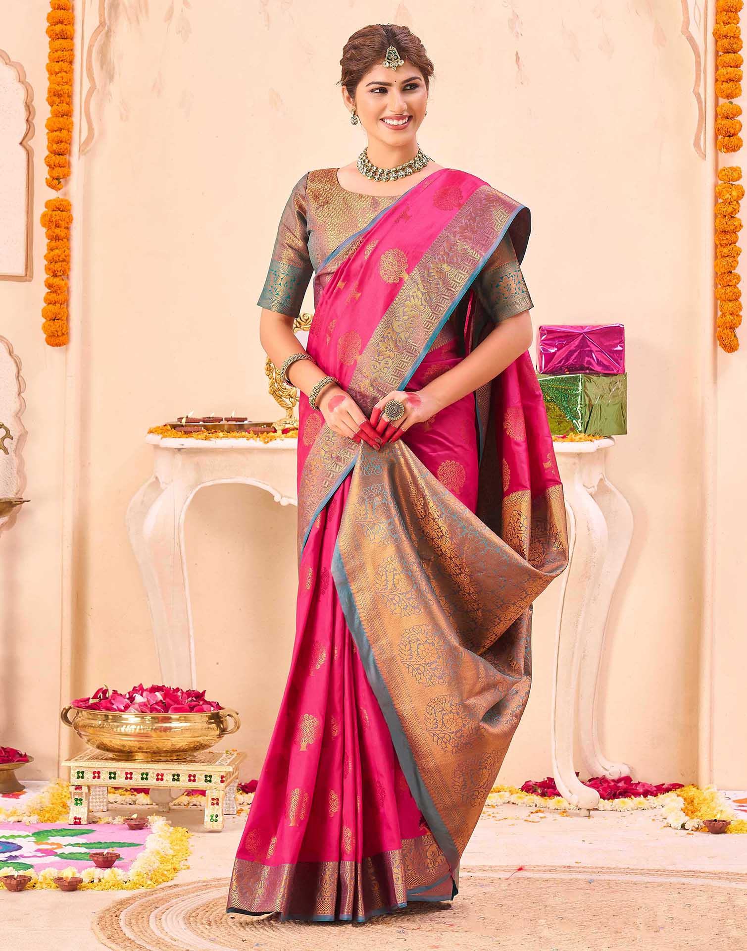 Pink Silk Woven Banarasi Saree - Image 5