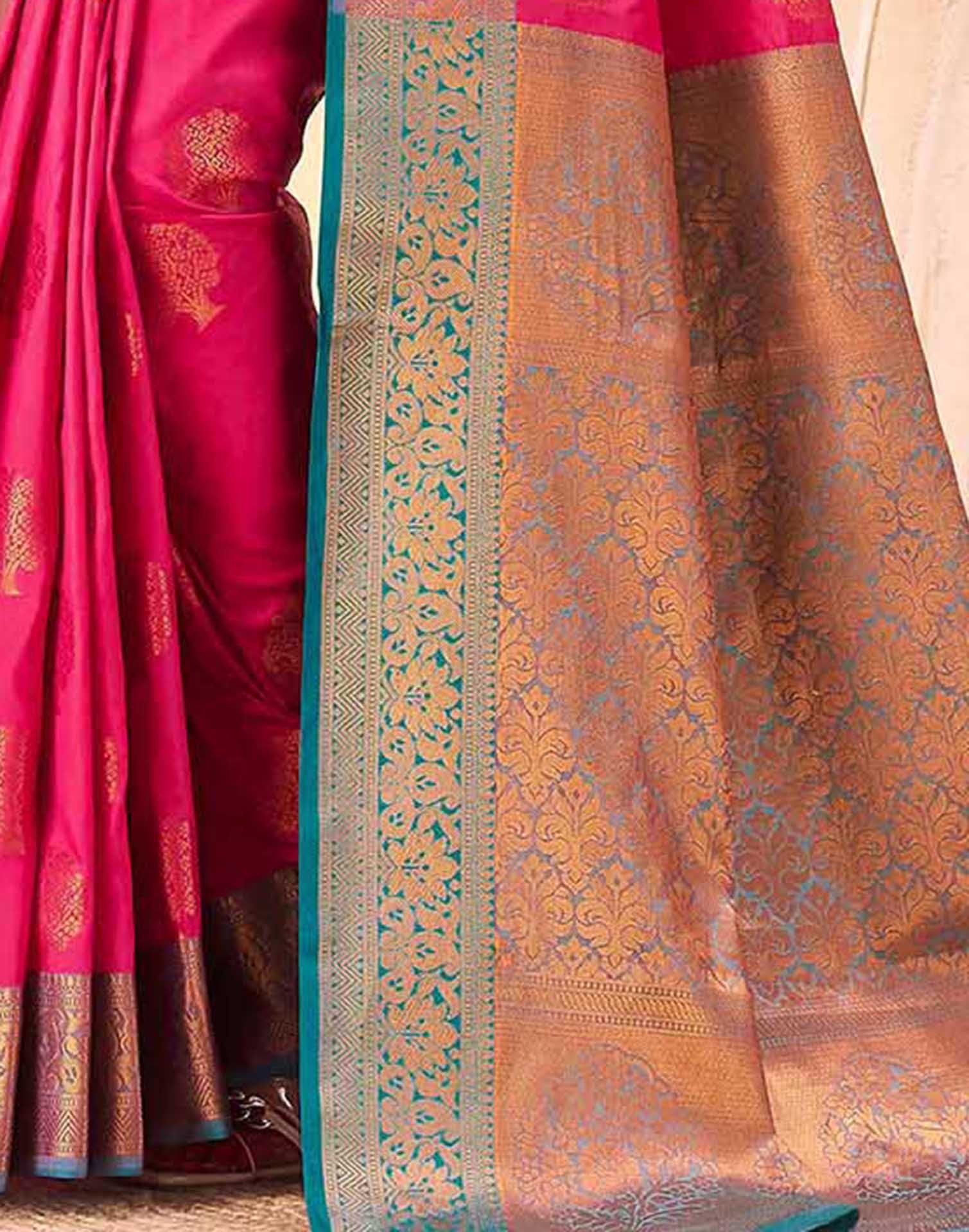 Pink Silk Woven Banarasi Saree - Image 7